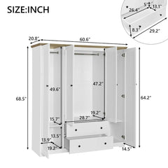 Freestanding 4 - Door Wardrobe Armoire with 2 Drawers and Hanging Rods for Clothes Storage