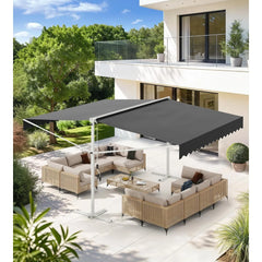 AECOJOY Free Standing Retractable Awning, 10'x10' Dual Side Patio Awnings Outdoor Manual Sun Shade Shelter, Dark Grey