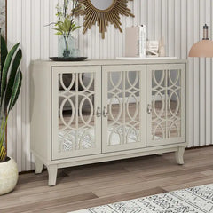 Mirrored Buffet Cabinet with Glass Doors and Silver Handles - 3 - Door Sideboard for Living Room, Hallway, and Dining Room