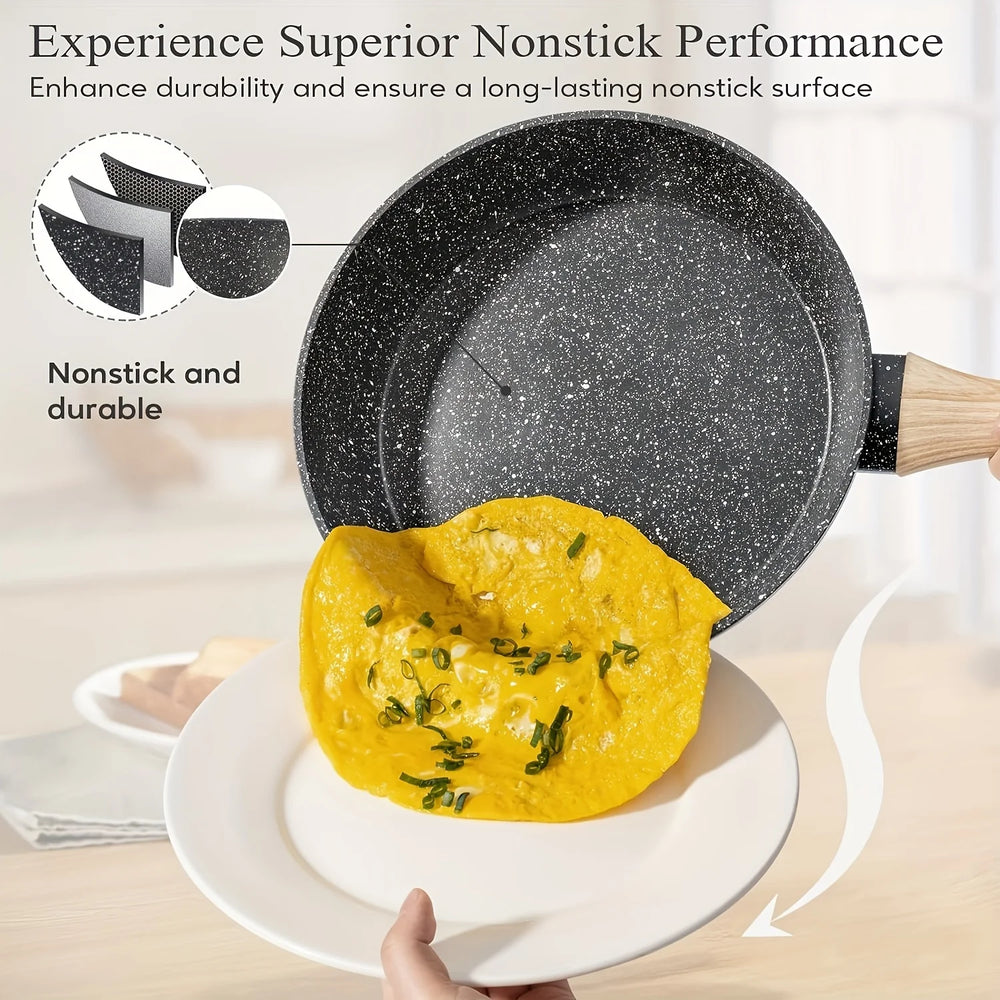 Non - Stick 12 POTS and Pans Set, Cookware Set, Including Frying Pan, Steamer, Silicone Spatula and Tongs - Granite Cooking Set (Black)