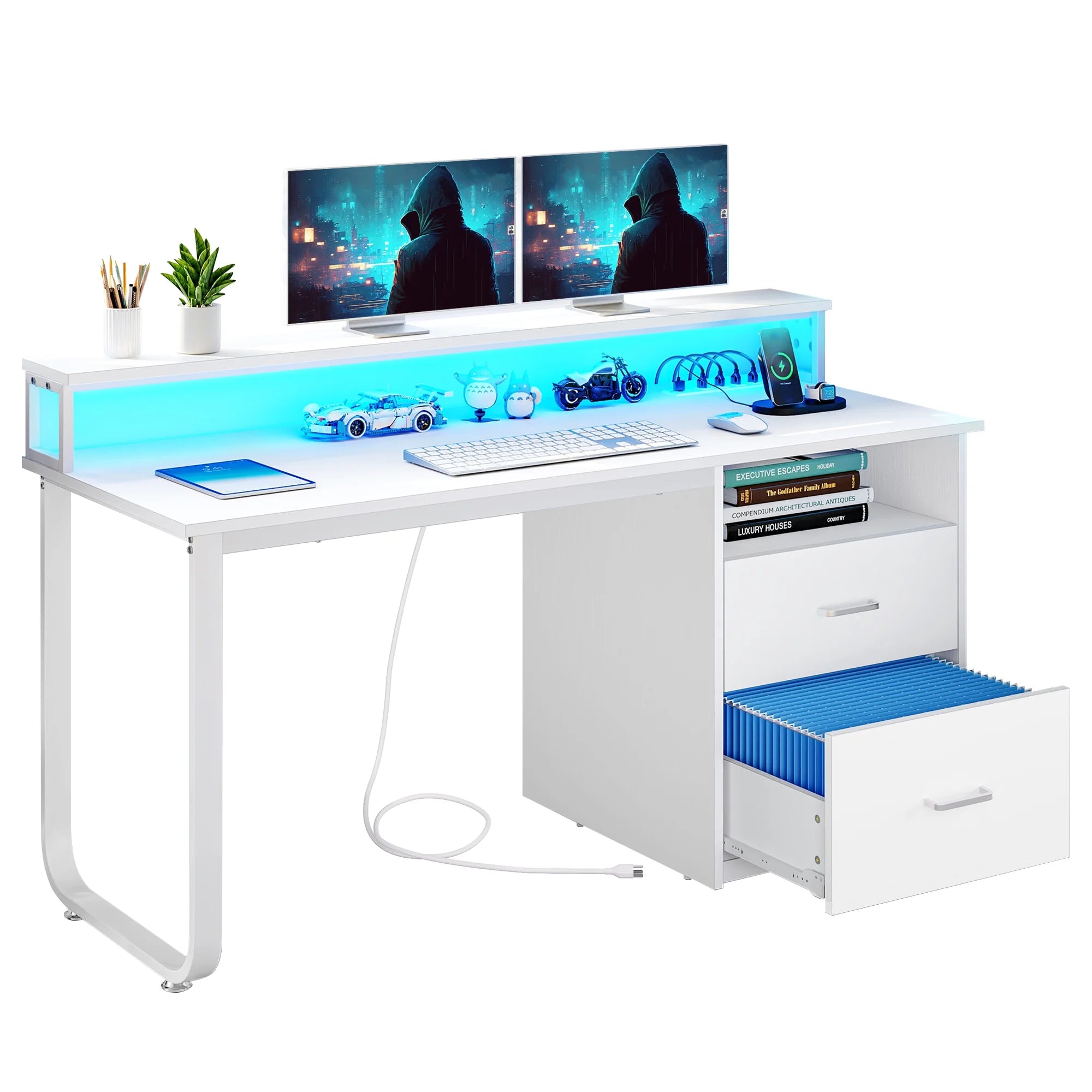 Dextrus 47 in Computer Desk with Storage Drawers & LED Light, Office Desk with Monitor Stand & Power Outlets, Work Study PC Desk for Small Spaces, Home Office, Oak