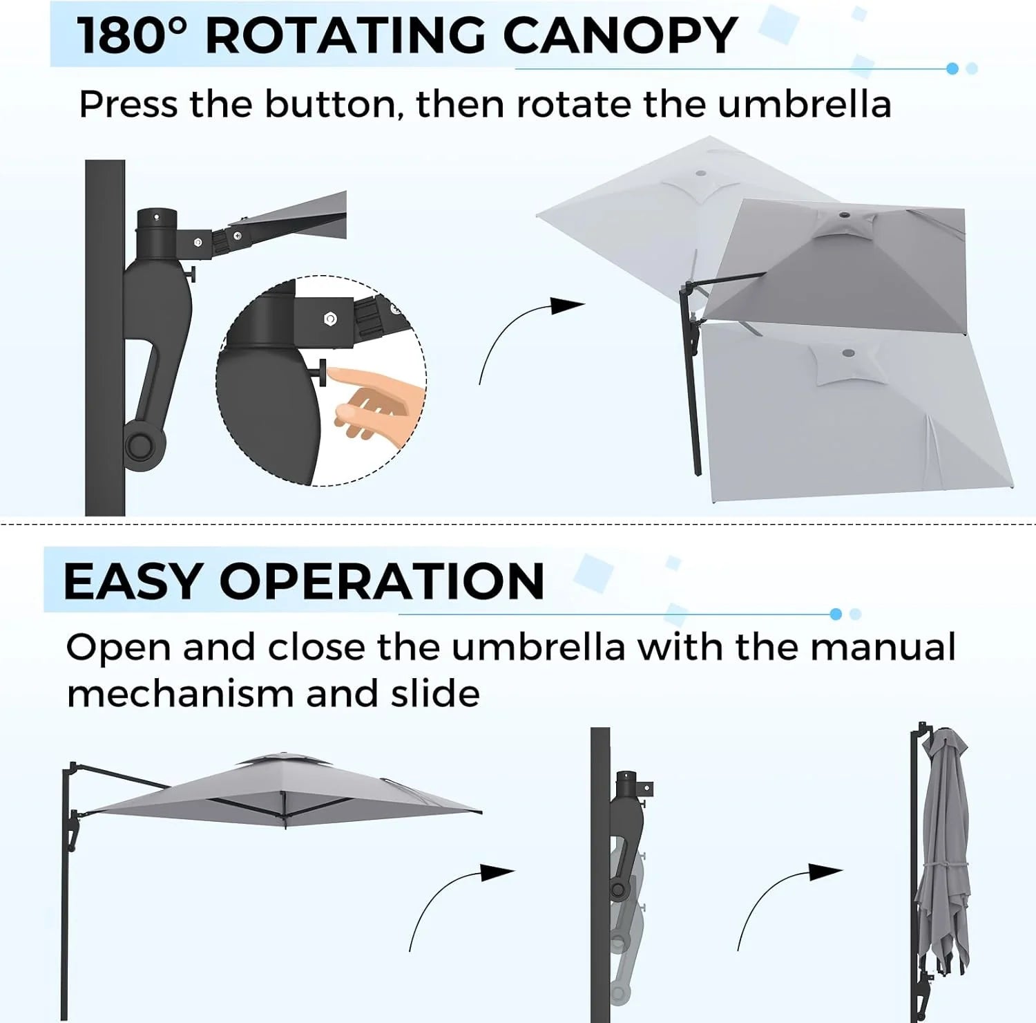 AECOJOY 10ft Cantilever Patio Umbrella, Large Rectangle Umbrella 180° Rotation Offset, Grey