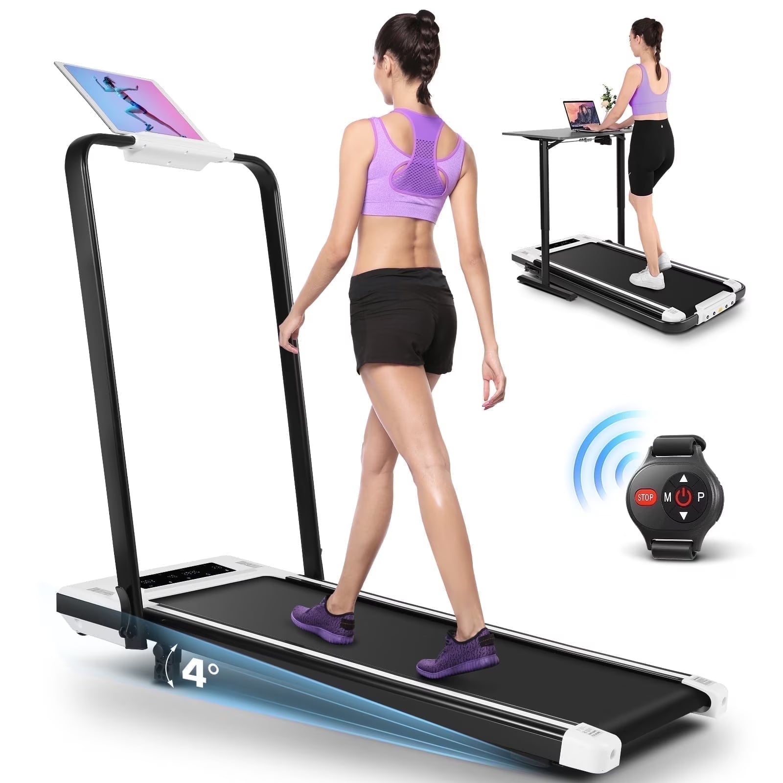 2 in 1 Walking Pad Treadmill with Incline, 2.5HP Under Desk Treadmill with Handle Remote Control & LED Touch Screen for Home Office Workout, 300 lb Weight Capacity Black & Green