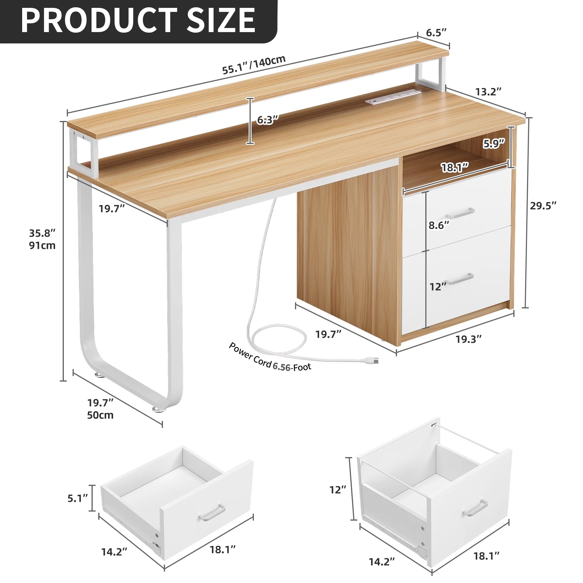 Dextrus 47 in Computer Desk with Storage Drawers & LED Light, Office Desk with Monitor Stand & Power Outlets, Work Study PC Desk for Small Spaces, Home Office, Oak