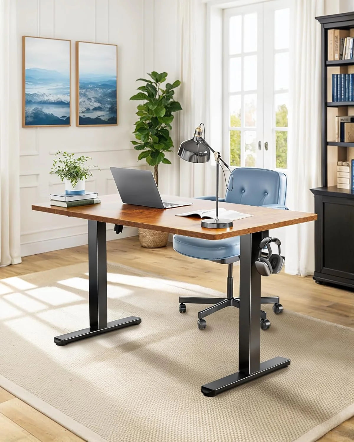 UANUO 48 x 24 in Electric Standing Desk, Height Adjustable Table with Headphone Hooks & Cable Manager, Sit to Stand up Desk for Home Office, Vintage Brown