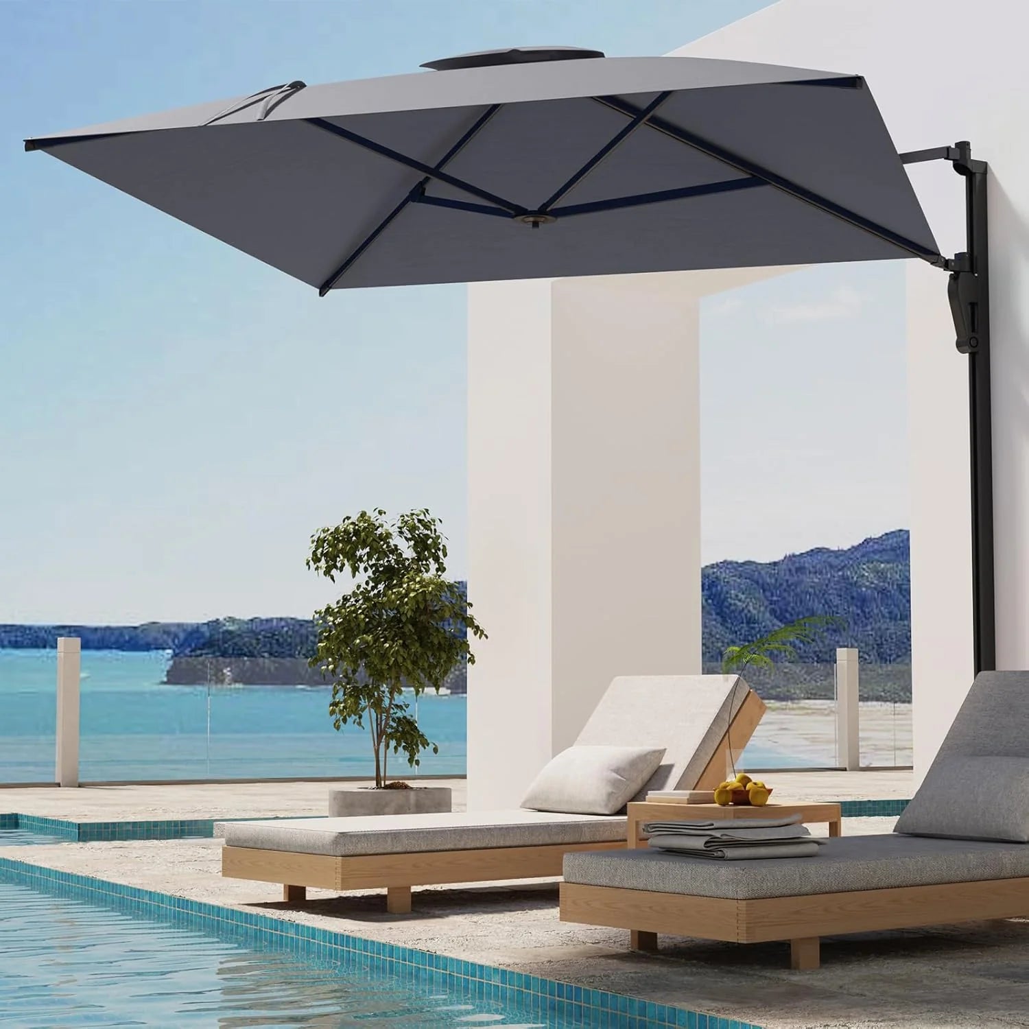 AECOJOY 10ft Cantilever Patio Umbrella, Large Rectangle Umbrella 180° Rotation Offset, Grey