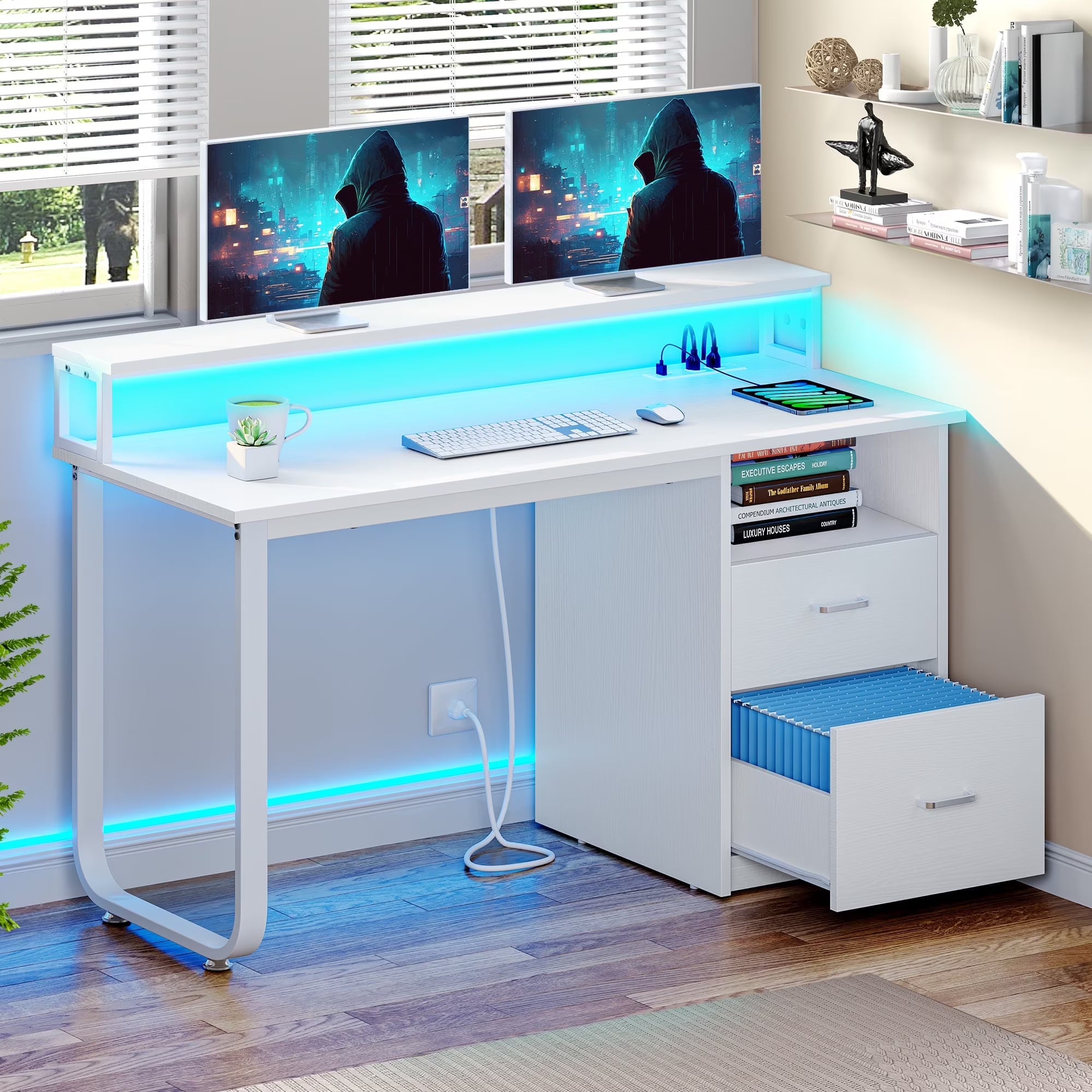 Dextrus 47 in Computer Desk with Storage Drawers & LED Light, Office Desk with Monitor Stand & Power Outlets, Work Study PC Desk for Small Spaces, Home Office, Oak