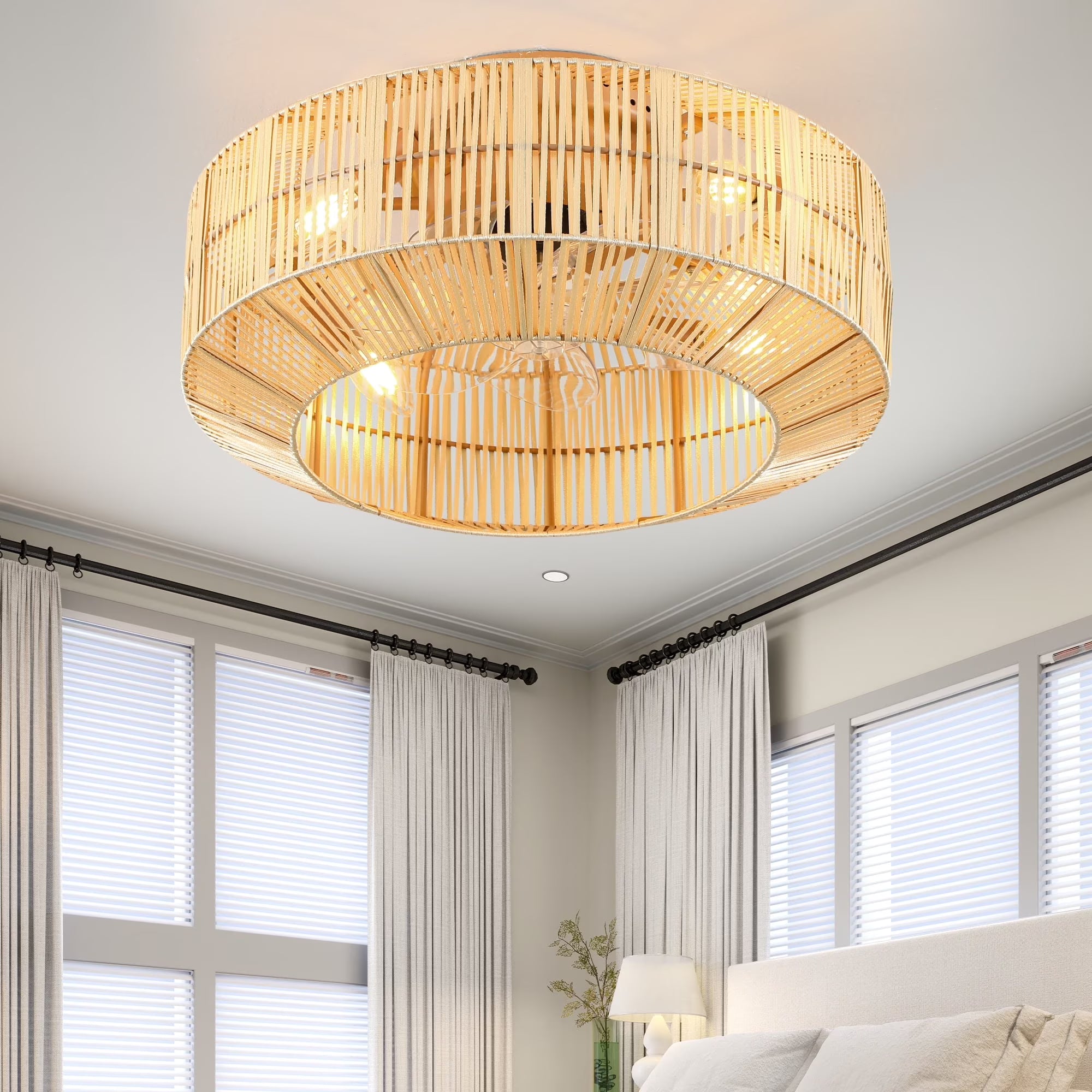 Dextrus 20" Caged Ceiling Fan with Lights and Remote Control, Rustic Farmhouse Flush Mount Design with Reversible DC Motor, 6 Speed Settings
