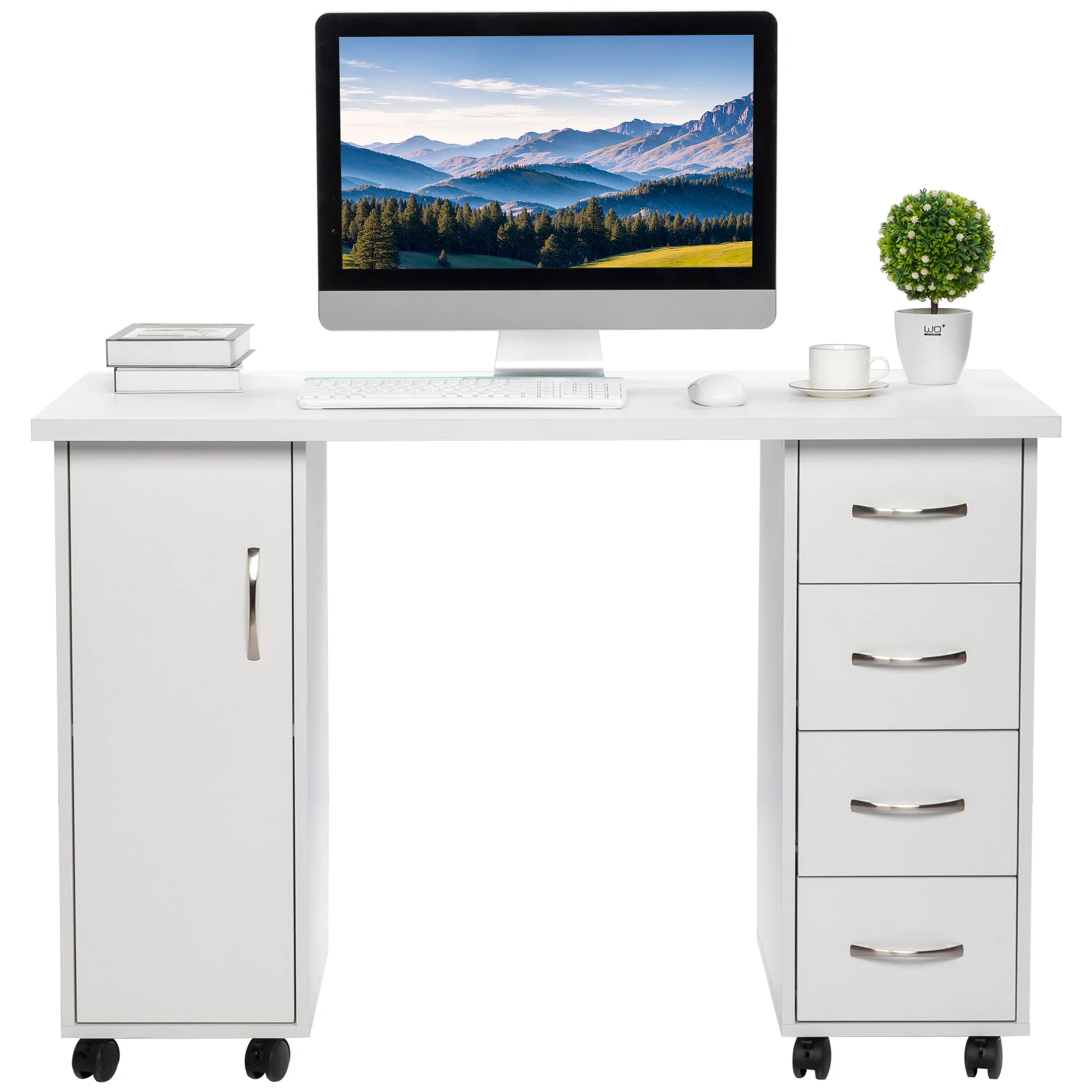 Sesslife White Computer Desk, Writing Desk with Lockable Wheels???modern Wood Study Desk with 4 Drawers for Home Office Workstation