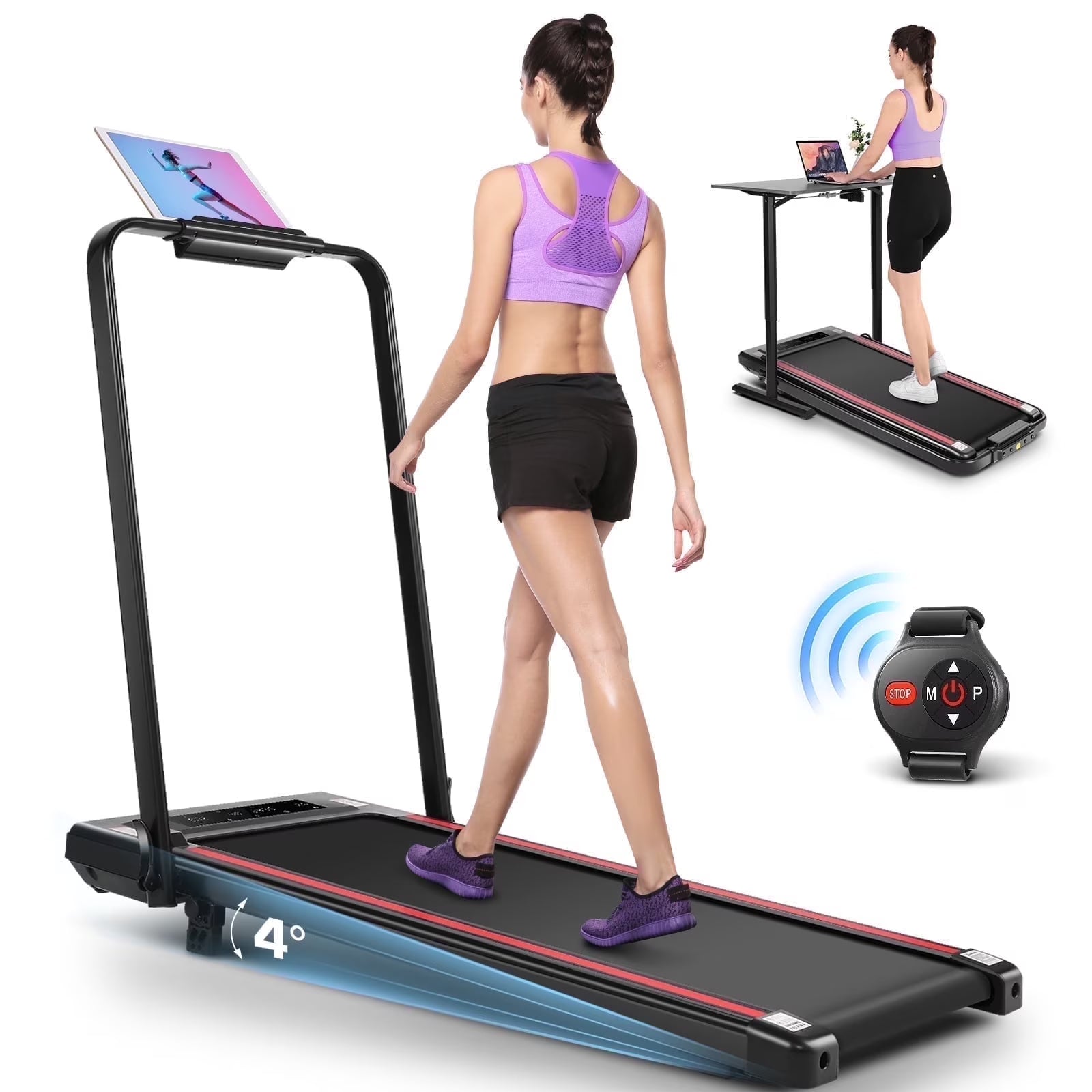 2 in 1 Walking Pad Treadmill with Incline, 2.5HP Under Desk Treadmill with Handle Remote Control & LED Touch Screen for Home Office Workout, 300 lb Weight Capacity Black & Green