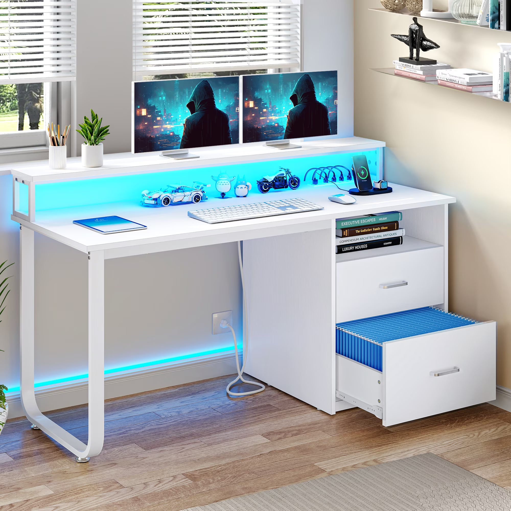 Dextrus 47 in Computer Desk with Storage Drawers & LED Light, Office Desk with Monitor Stand & Power Outlets, Work Study PC Desk for Small Spaces, Home Office, Oak