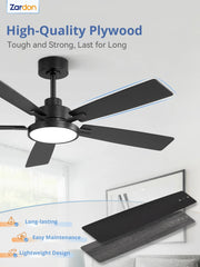 Zardon 52 in Black Ceiling Fan with LED Light and Remote, Downrod 6-Speed and Quiet Reversible DC Motor for Bedroom, Living Room, Indoor