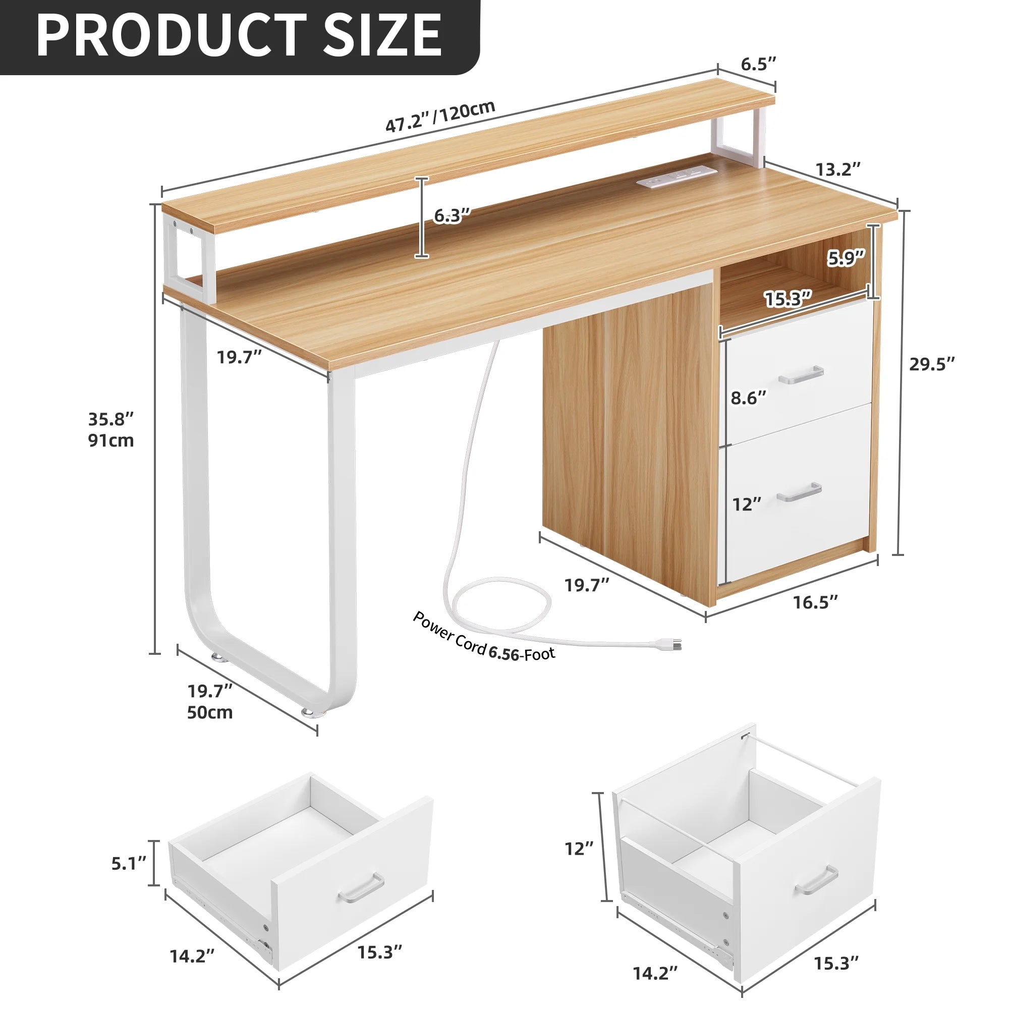 Dextrus 47 in Computer Desk with Storage Drawers & LED Light, Office Desk with Monitor Stand & Power Outlets, Work Study PC Desk for Small Spaces, Home Office, Oak