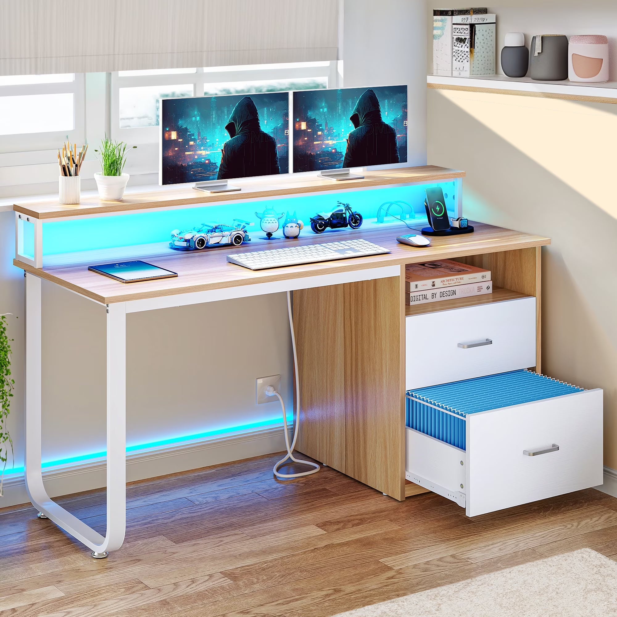 Dextrus 47 in Computer Desk with Storage Drawers & LED Light, Office Desk with Monitor Stand & Power Outlets, Work Study PC Desk for Small Spaces, Home Office, Oak