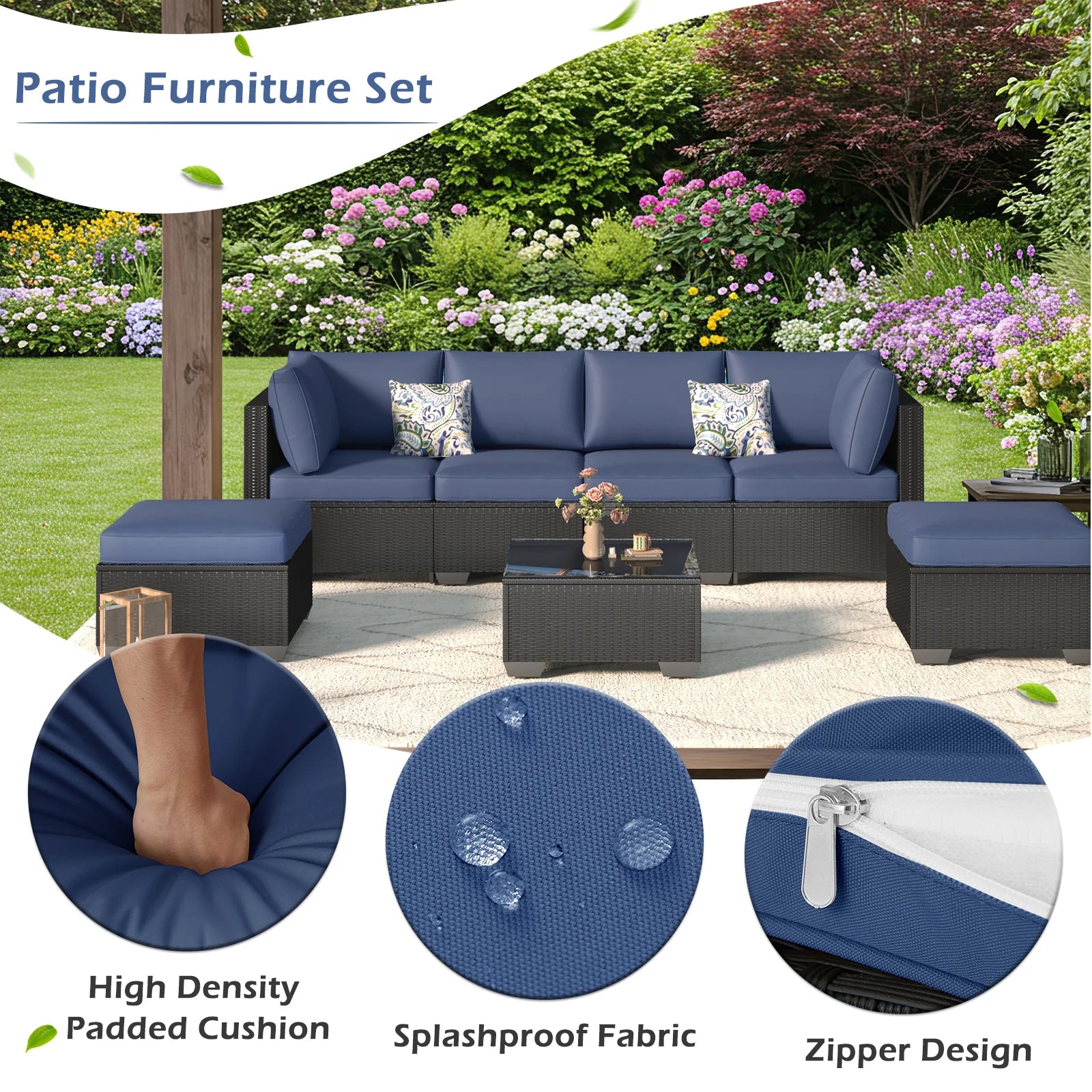 AECOJOY 7 Piece Outdoor Patio Furniture Set, Black & Navy