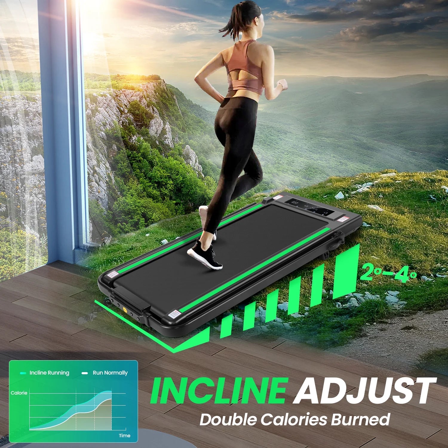 2 in 1 Walking Pad Treadmill with Incline, 2.5HP Under Desk Treadmill with Handle Remote Control & LED Touch Screen for Home Office Workout, 300 lb Weight Capacity Black & Green