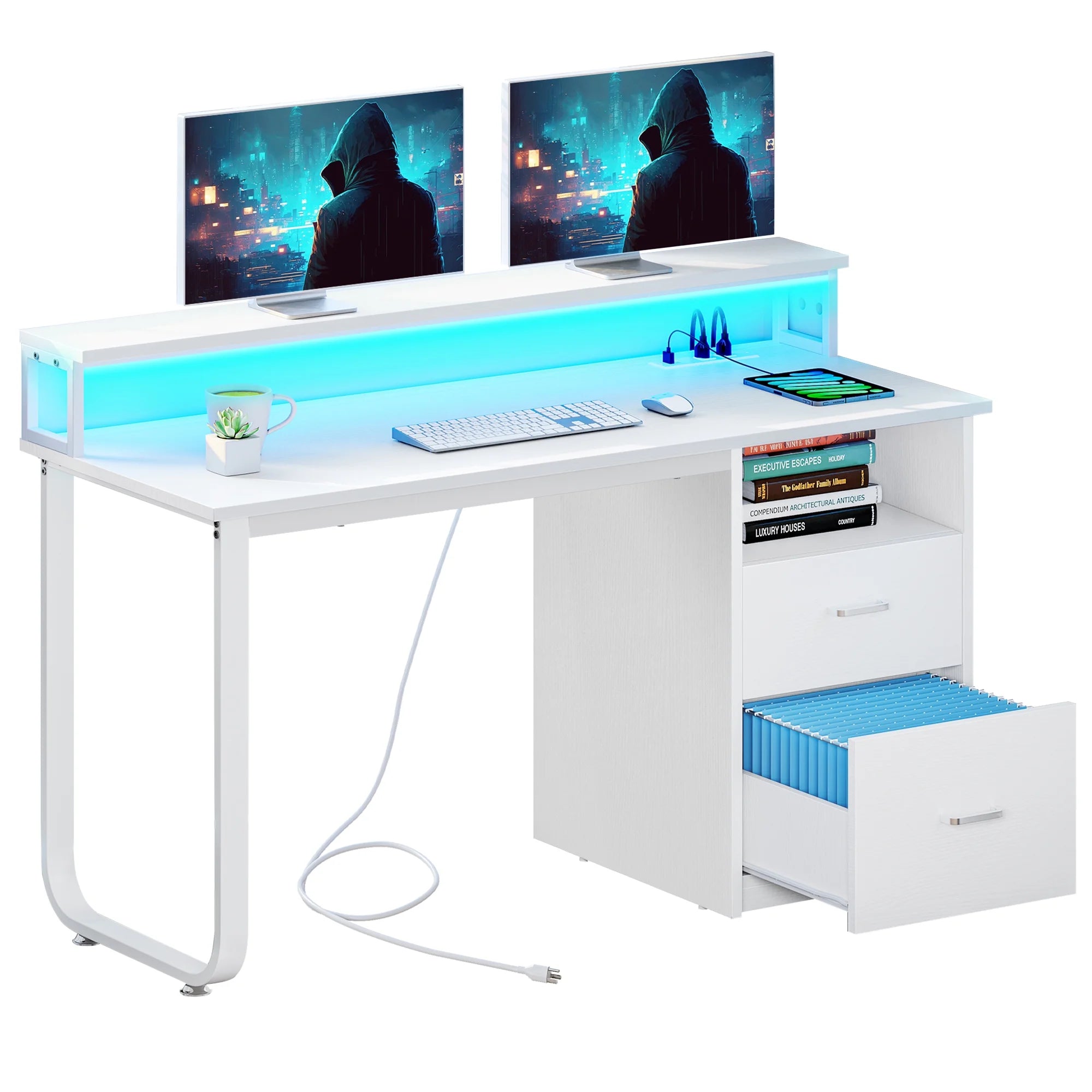 Dextrus 47 in Computer Desk with Storage Drawers & LED Light, Office Desk with Monitor Stand & Power Outlets, Work Study PC Desk for Small Spaces, Home Office, Oak