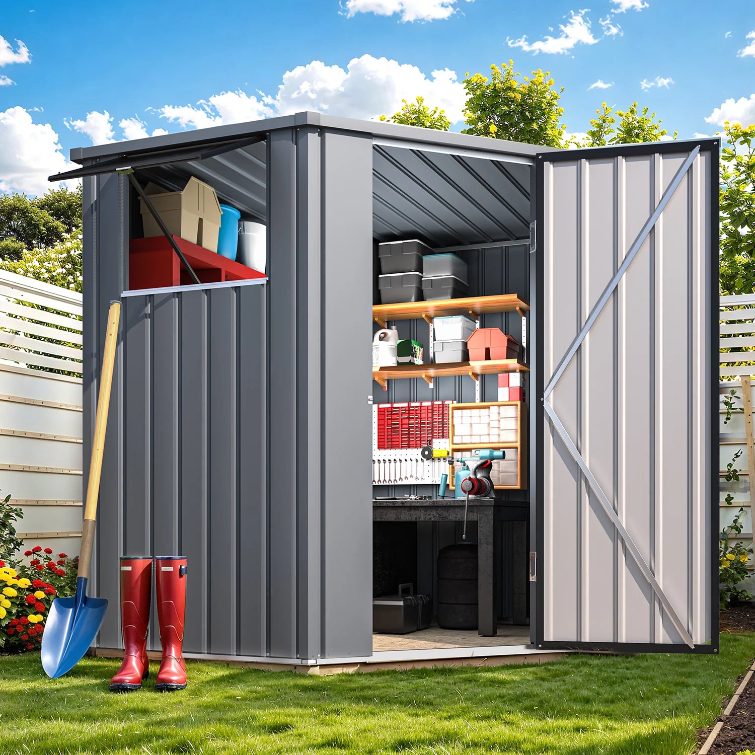 AECOJOY Corner 6x6 Storage Sheds & Outdoor Storage with Openable Windows & Lockable Doors, Utility and Tool Storage