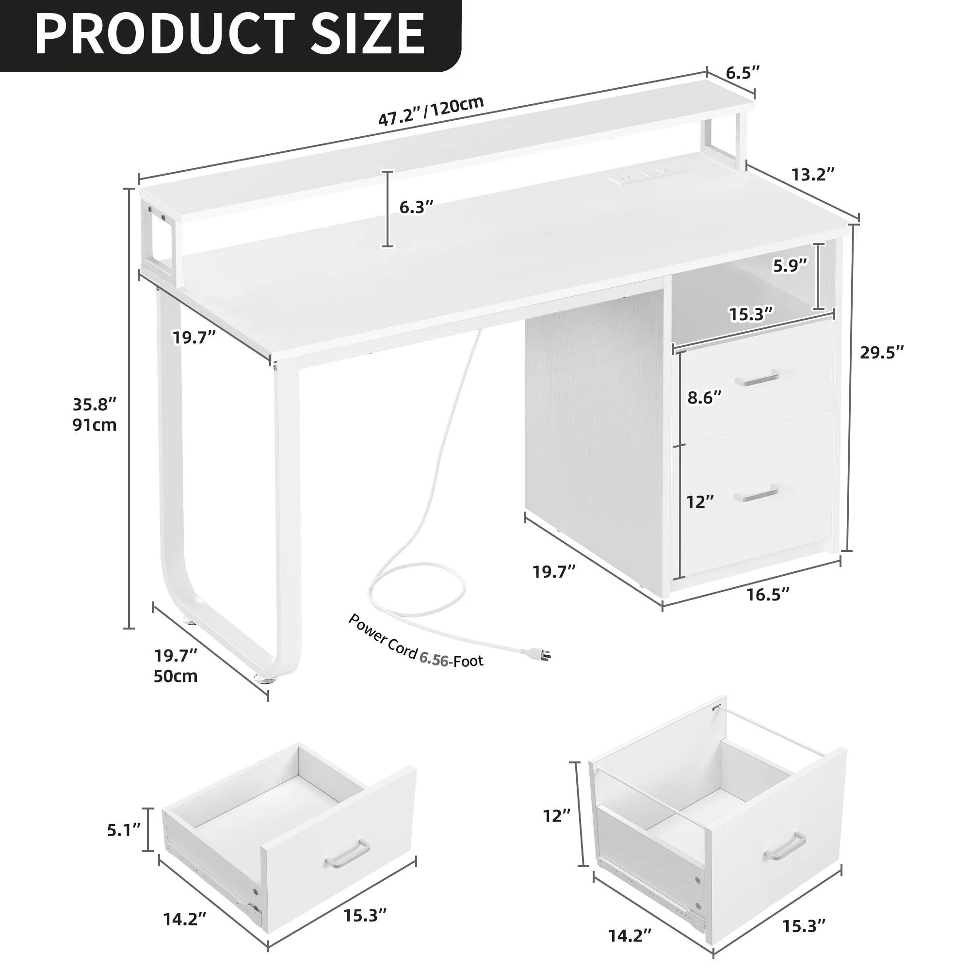 Dextrus 47 in Computer Desk with Storage Drawers & LED Light, Office Desk with Monitor Stand & Power Outlets, Work Study PC Desk for Small Spaces, Home Office, Oak