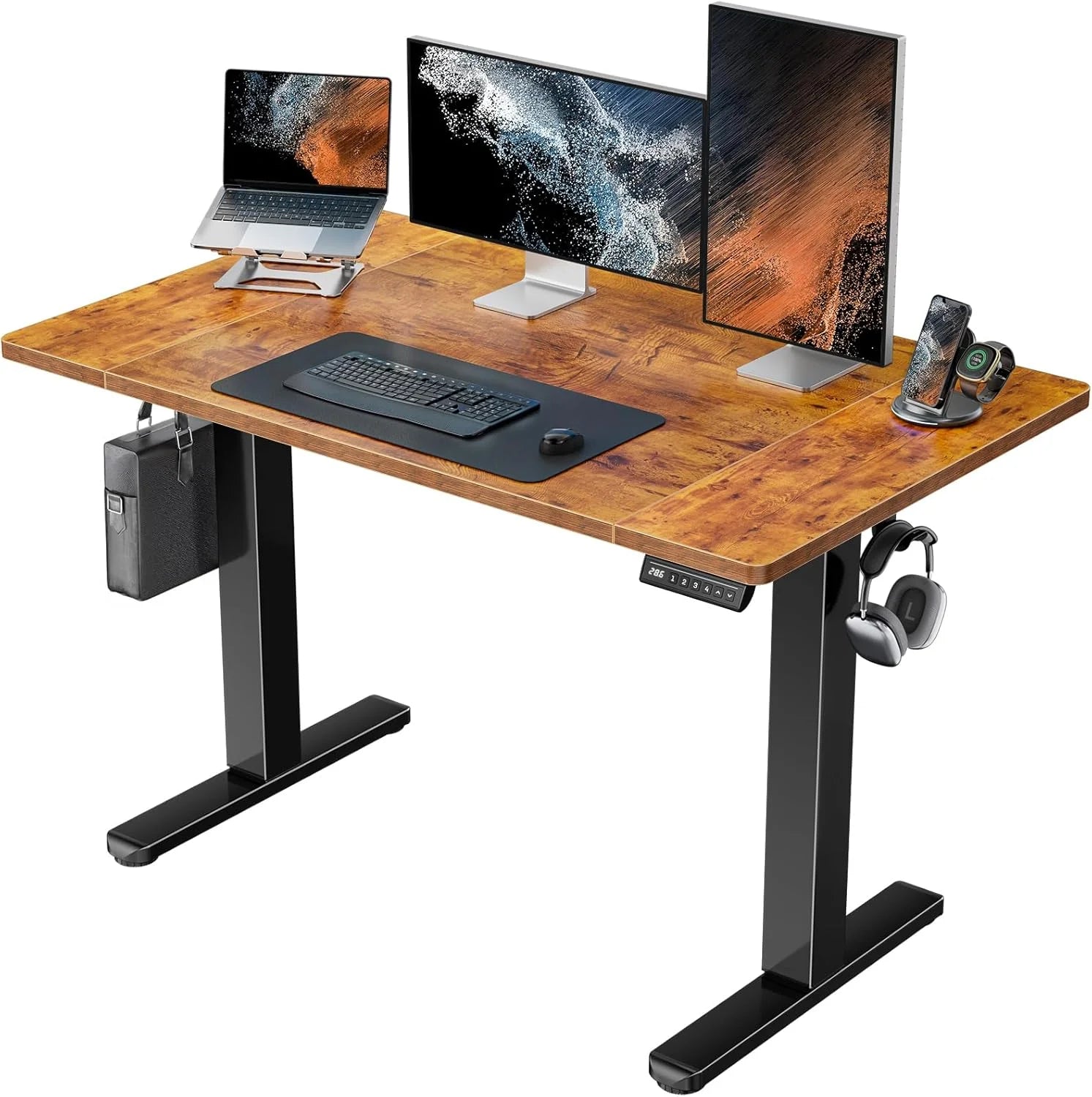 UANUO 48 x 24 in Electric Standing Desk, Height Adjustable Table with Headphone Hooks & Cable Manager, Sit to Stand up Desk for Home Office, Vintage Brown