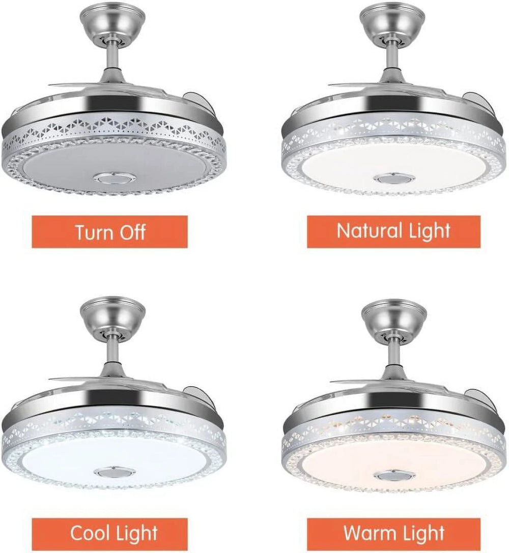 42"invisible Chandelier Ceiling Fan with Light and Bluetooth Speaker, Modern 3 Color Change Crystal Ceiling Fan Light