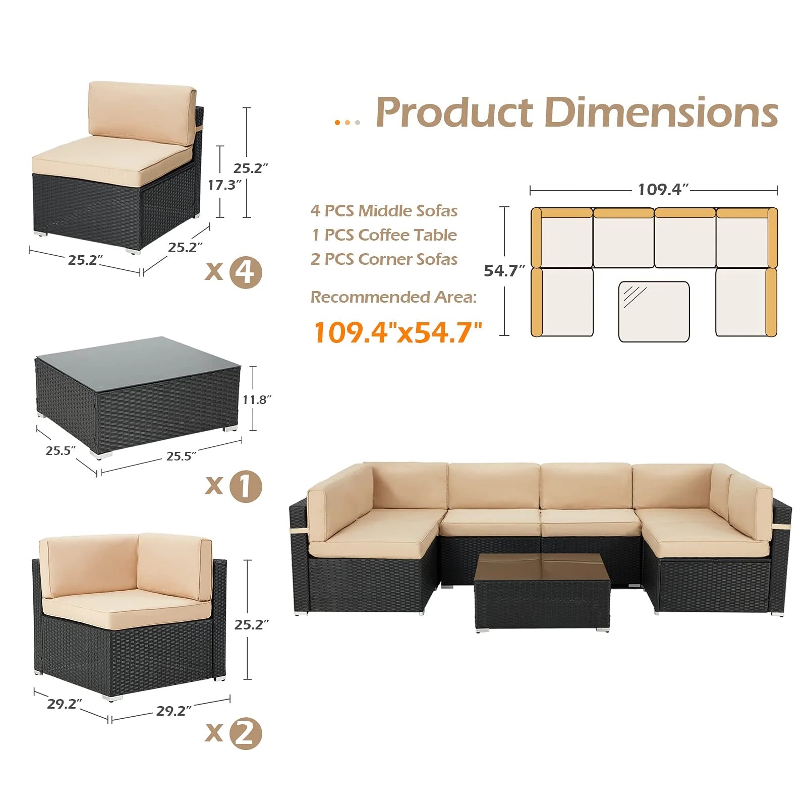 AECOJOY 7 Piece Outdoor Patio Furniture Set with Waterproof Cover, Black & Beige