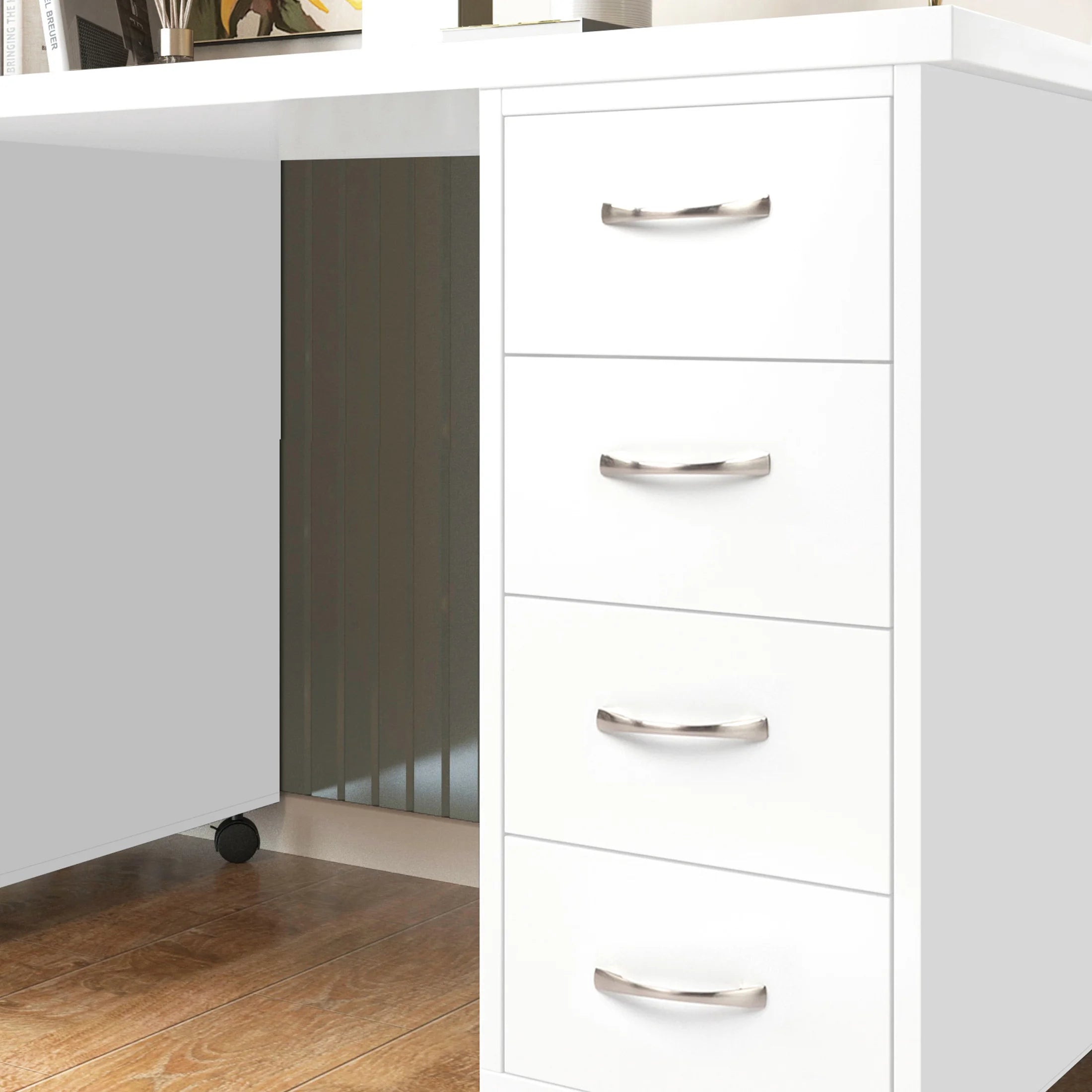 Sesslife White Computer Desk, Writing Desk with Lockable Wheels???modern Wood Study Desk with 4 Drawers for Home Office Workstation