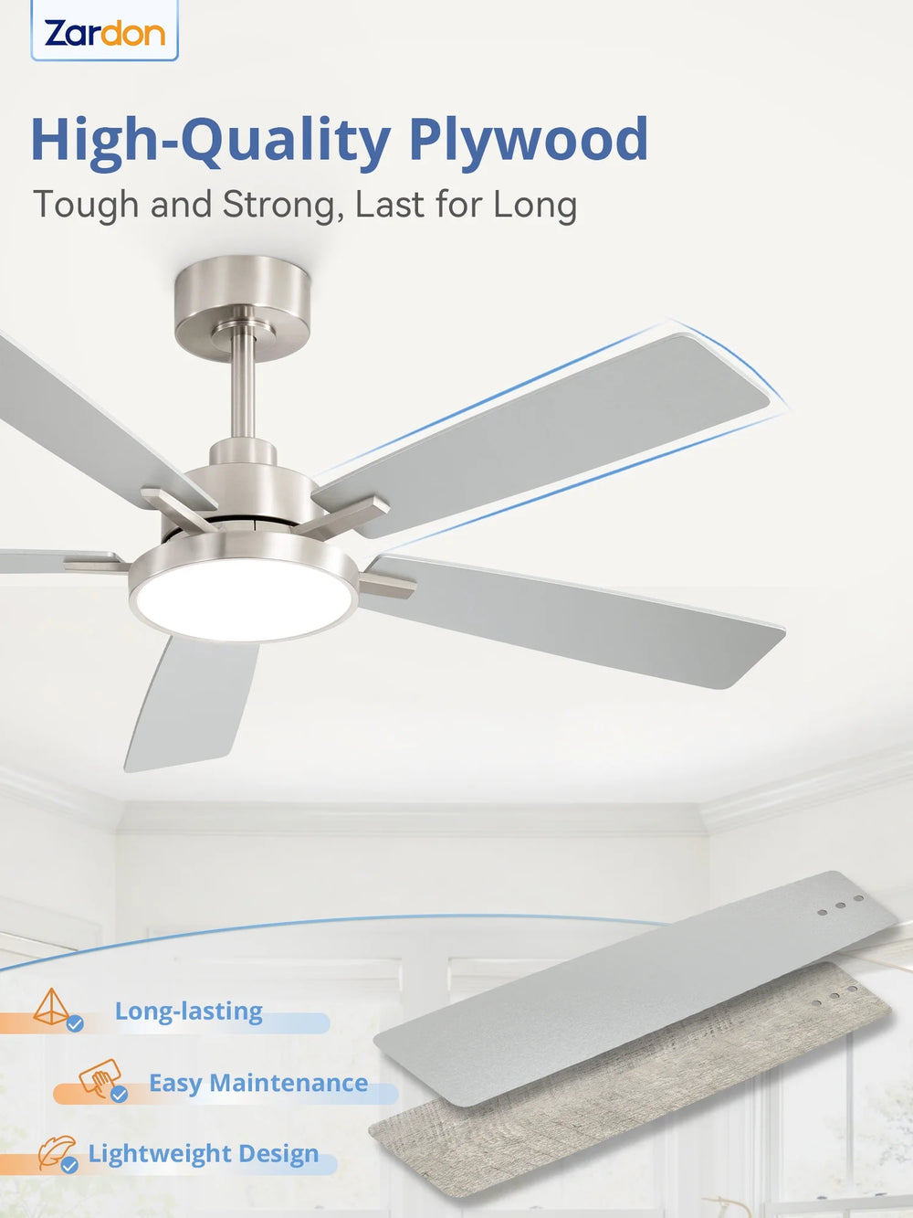Zardon 52 in Black Ceiling Fan with LED Light and Remote, Downrod 6-Speed and Quiet Reversible DC Motor for Bedroom, Living Room, Indoor