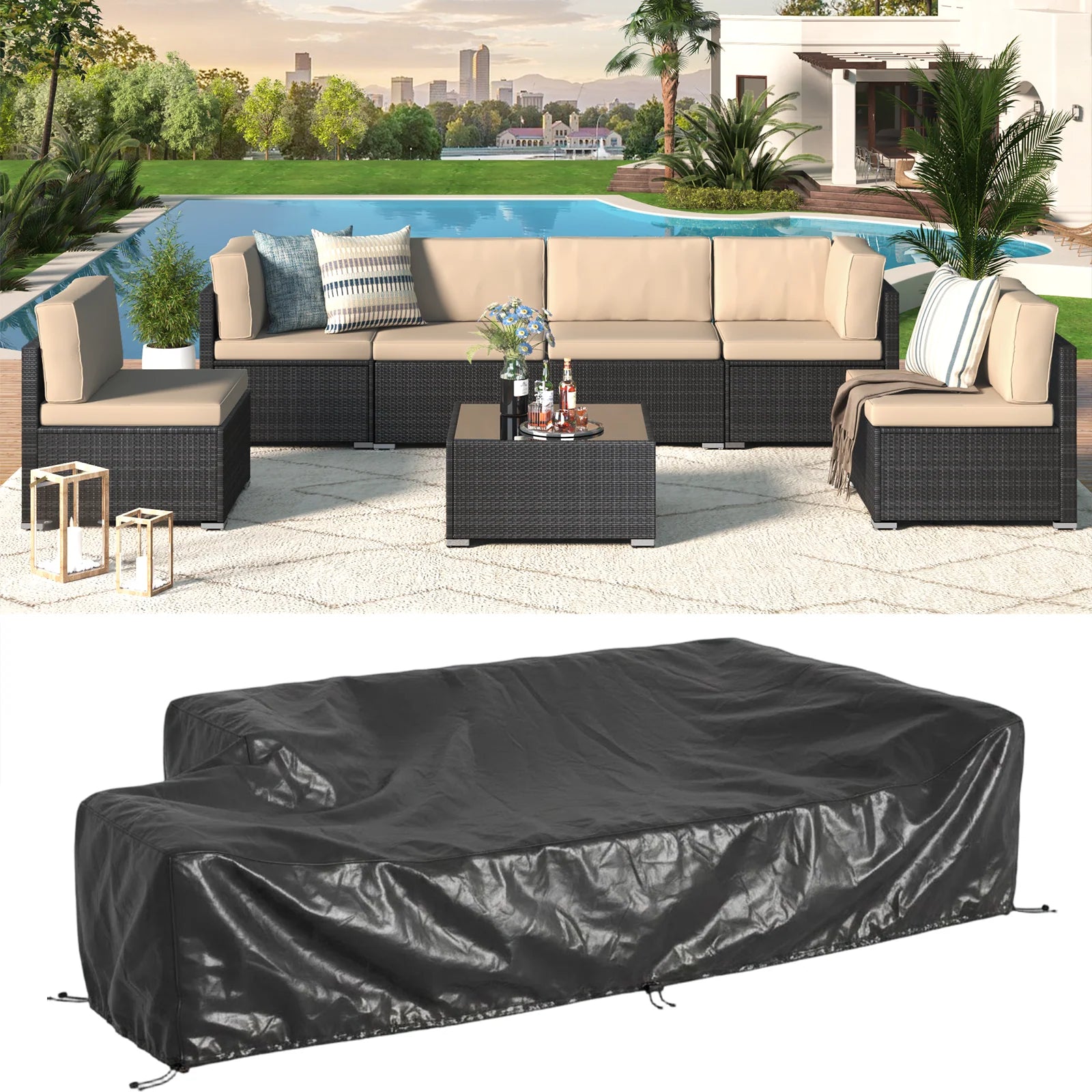 AECOJOY 7 Piece Outdoor Patio Furniture Set with Waterproof Cover, Black & Beige