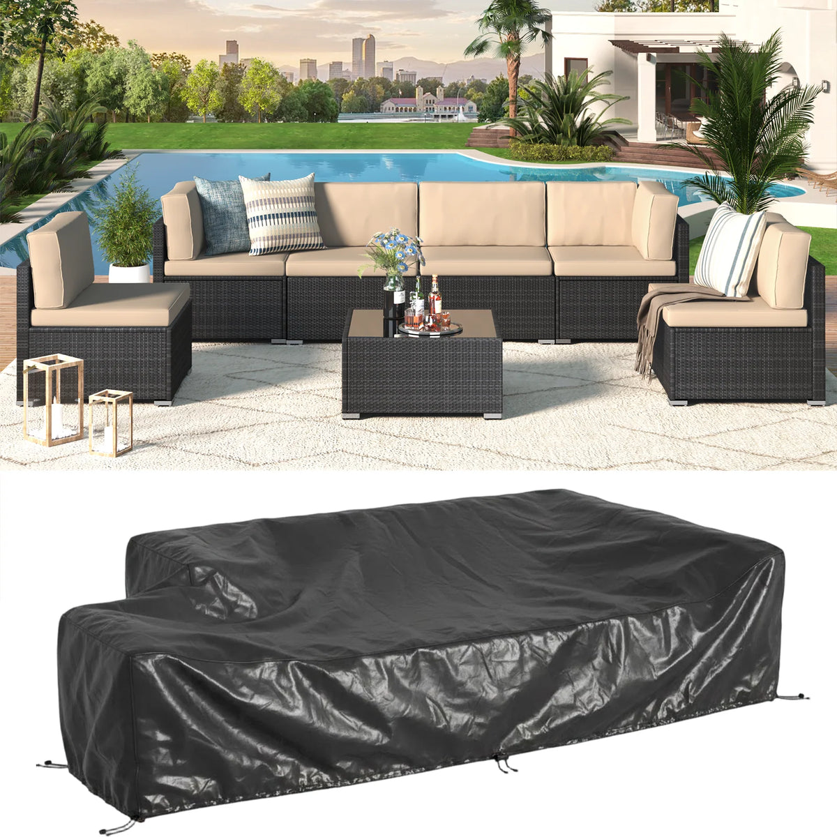 AECOJOY 7 Piece Outdoor Patio Furniture Set with Waterproof Cover, Black & Beige