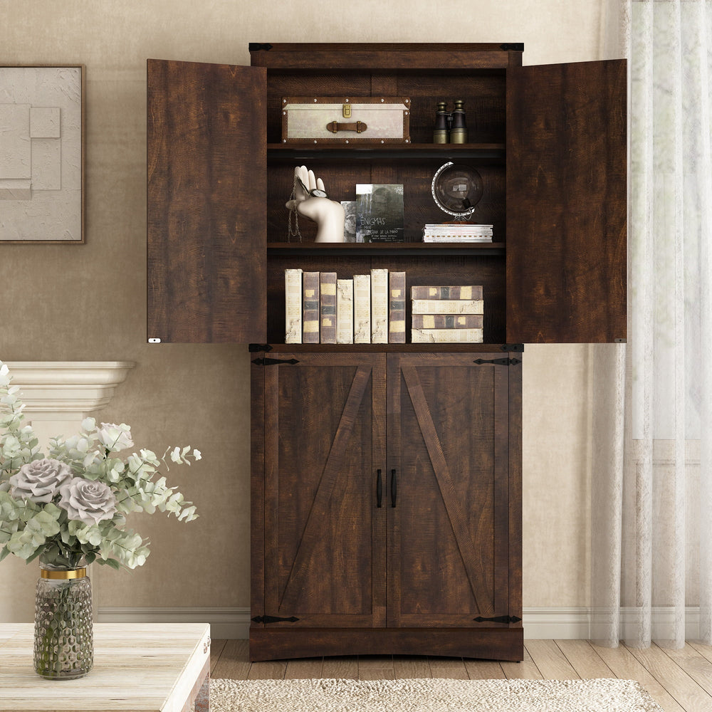 71" Tall Farmhouse Kitchen Pantry Cabinet, 5 Layers Storage Cabinet with Adjustable Shelves, Farmhouse Pantry Cabinet with 4 Barn Doors