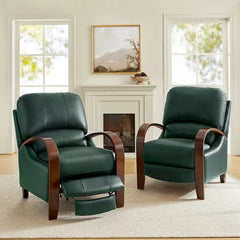 Set of 2 Alex Mid - Century Modern Genuine Leather Manual Recliners with Curved Wooden Arms