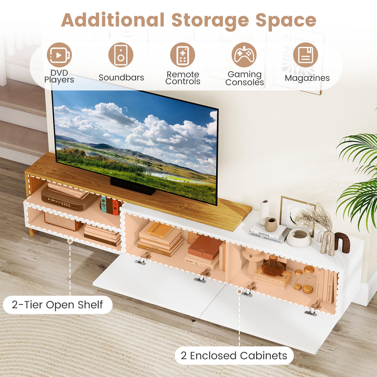 Tangkula Modern TV Stand for 80 Inches TVs with Storage Shelves and Cabinets