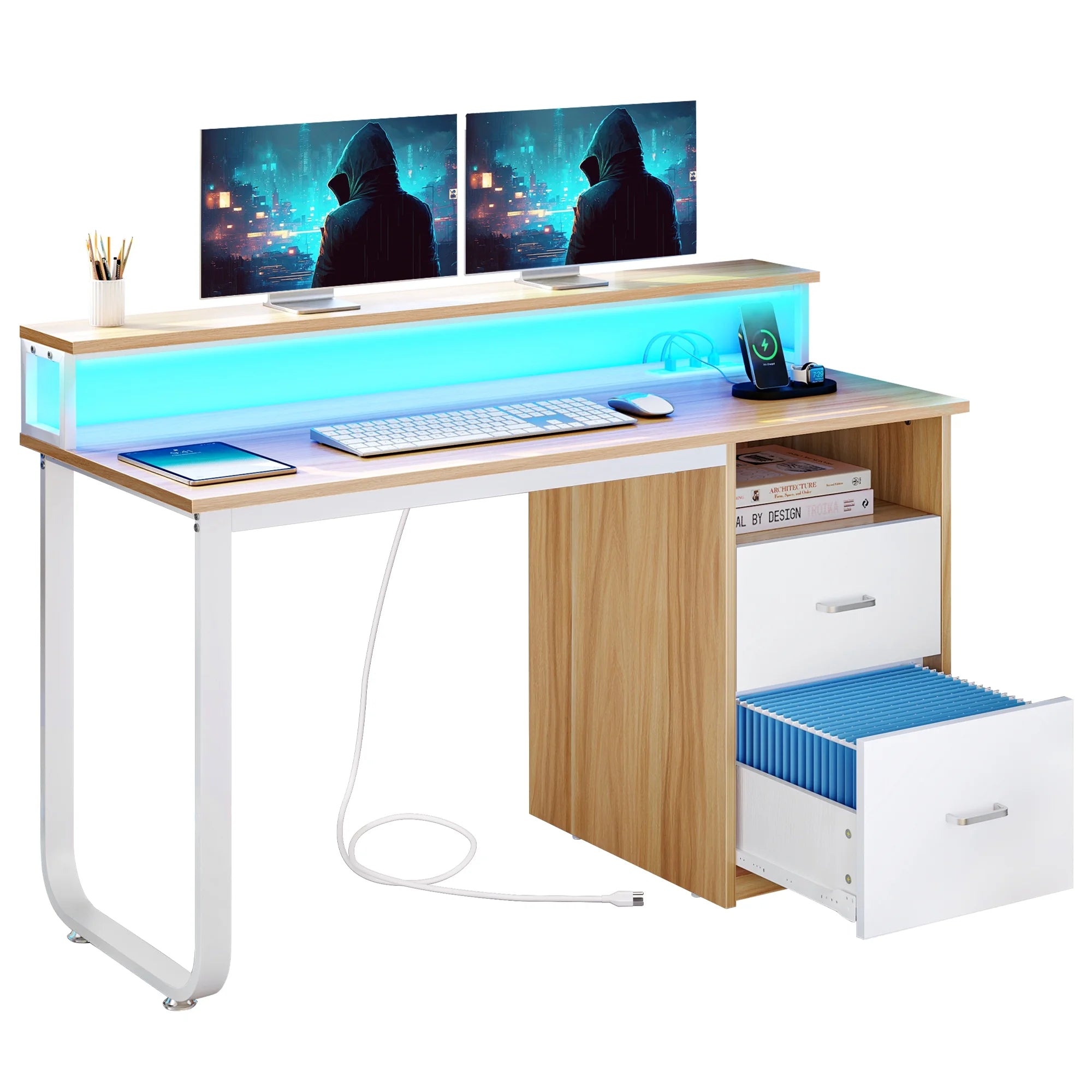 Dextrus 47 in Computer Desk with Storage Drawers & LED Light, Office Desk with Monitor Stand & Power Outlets, Work Study PC Desk for Small Spaces, Home Office, Oak