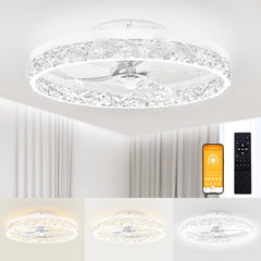 VOLISUN Modern Ceiling Fans with Lights and Remote, 19.7in Low Profile Ceiling Fan Flush Mount, 3000K - 6500K Dimmable Bladeless LED Fan Light, White