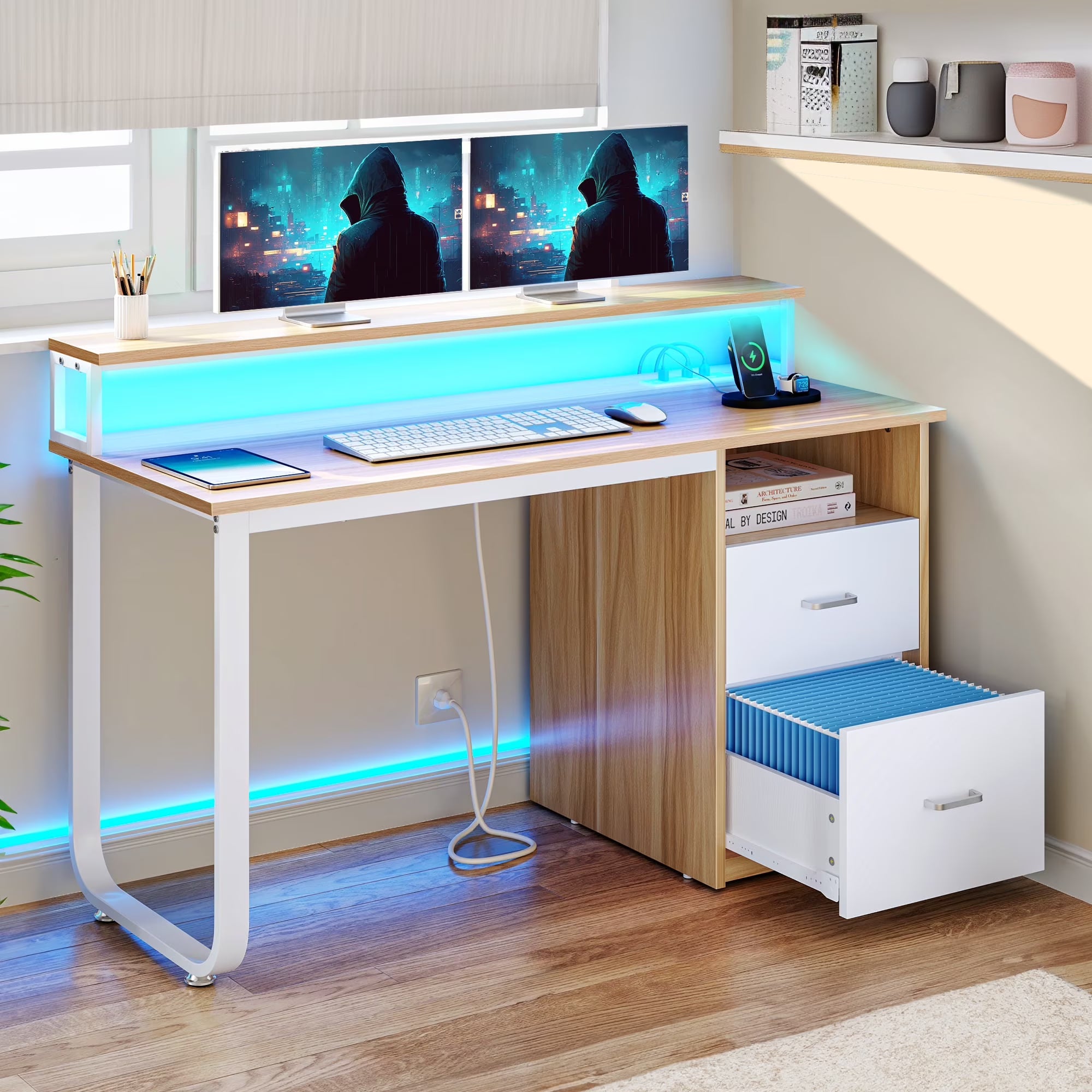 Dextrus 47 in Computer Desk with Storage Drawers & LED Light, Office Desk with Monitor Stand & Power Outlets, Work Study PC Desk for Small Spaces, Home Office, Oak