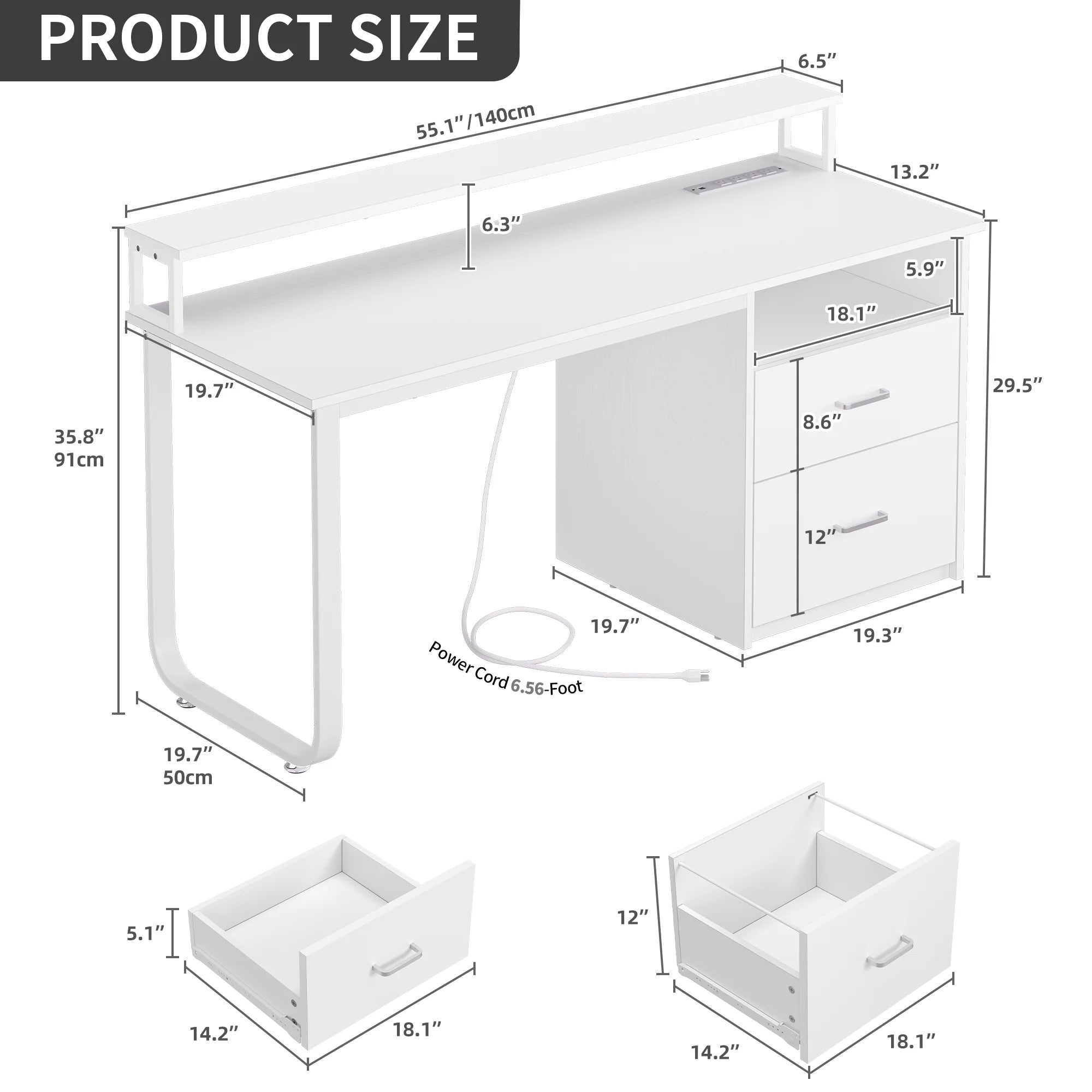 Dextrus 47 in Computer Desk with Storage Drawers & LED Light, Office Desk with Monitor Stand & Power Outlets, Work Study PC Desk for Small Spaces, Home Office, Oak