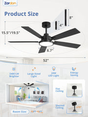 Zardon 52 in Black Ceiling Fan with LED Light and Remote, Downrod 6-Speed and Quiet Reversible DC Motor for Bedroom, Living Room, Indoor