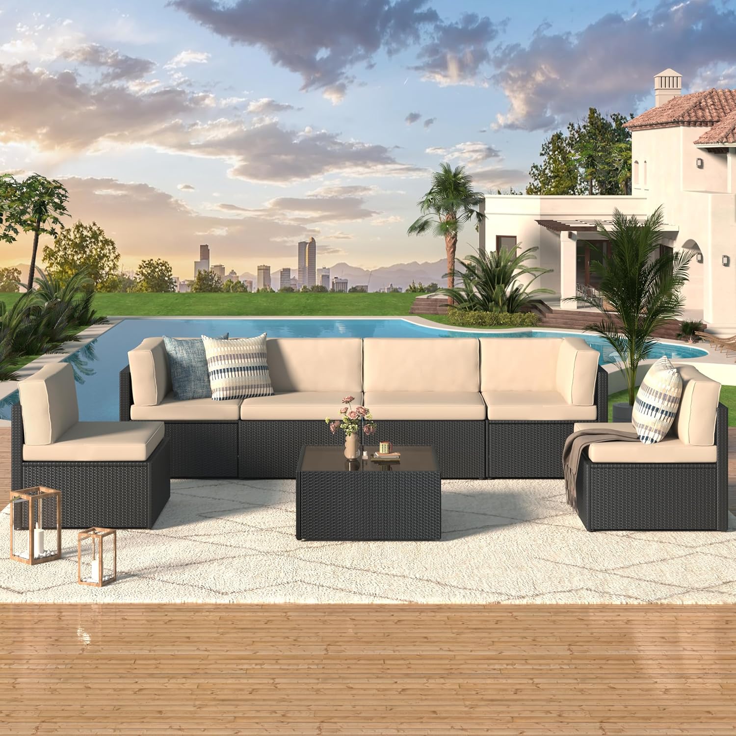 AECOJOY 7 Piece Outdoor Patio Furniture Set with Waterproof Cover, Black & Beige