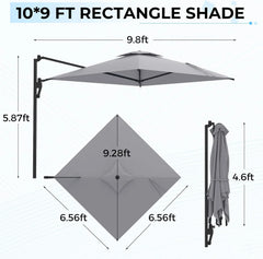 AECOJOY 10ft Cantilever Patio Umbrella, Large Rectangle Umbrella 180° Rotation Offset, Grey