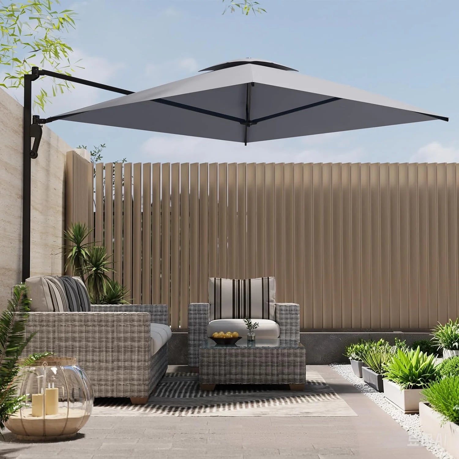 AECOJOY 10ft Cantilever Patio Umbrella, Large Rectangle Umbrella 180° Rotation Offset, Grey
