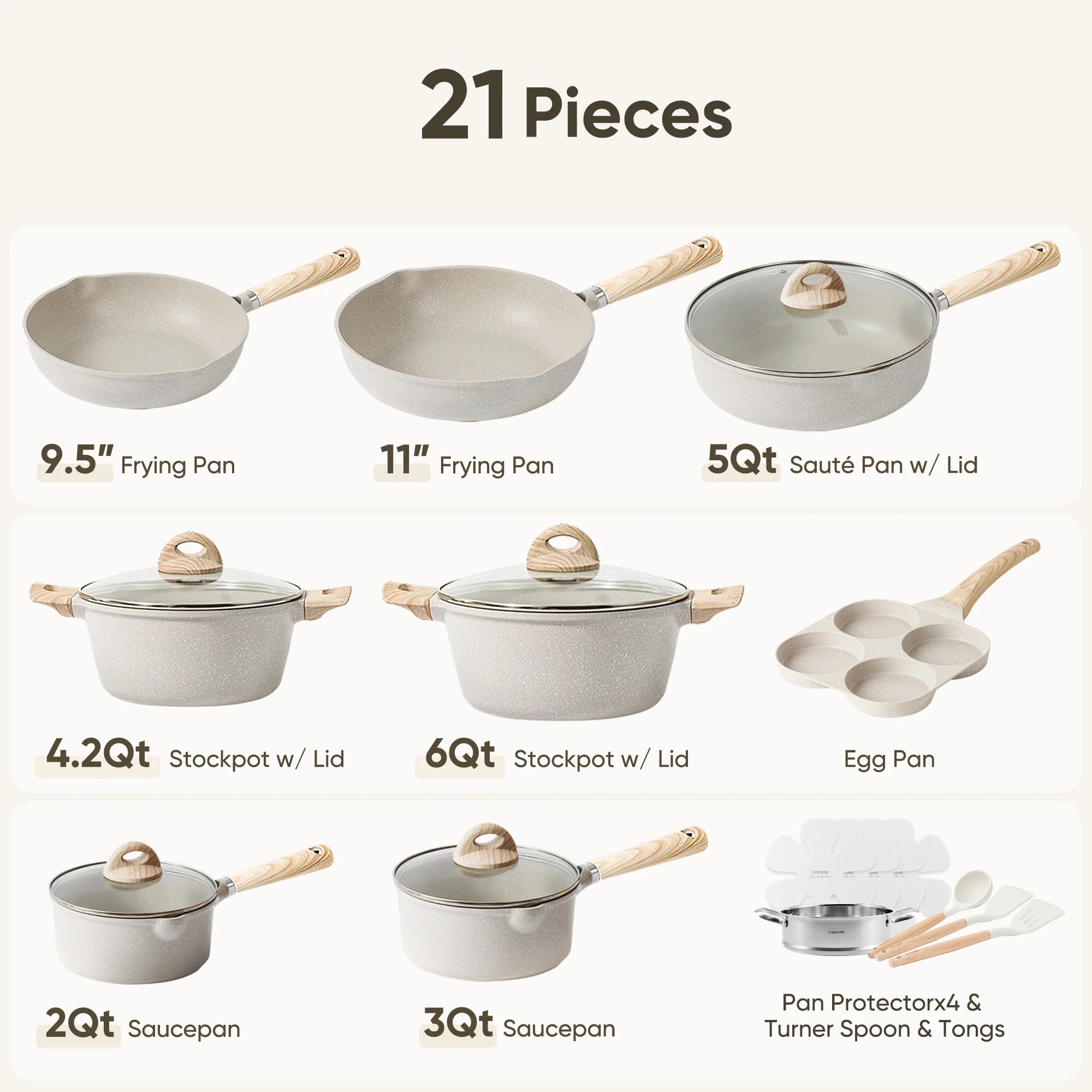 Carote Nonstick Cookware Set 21-Piece, Kitchen Pots and Pans Set, Stay - Cool Handles, Induction Compatible, Cookware Set for RV and Camping, Beige