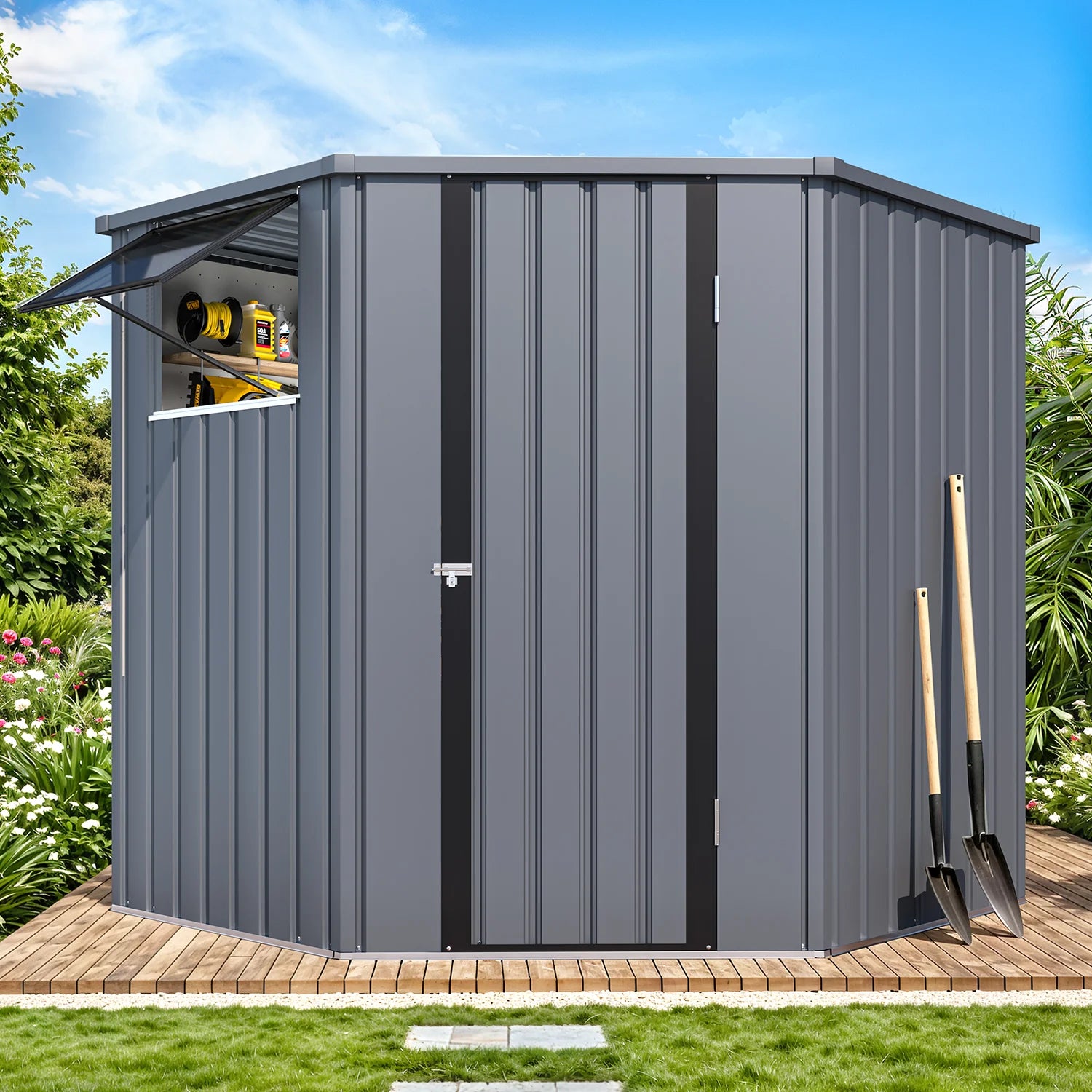 AECOJOY Corner 6x6 Storage Sheds & Outdoor Storage with Openable Windows & Lockable Doors, Utility and Tool Storage