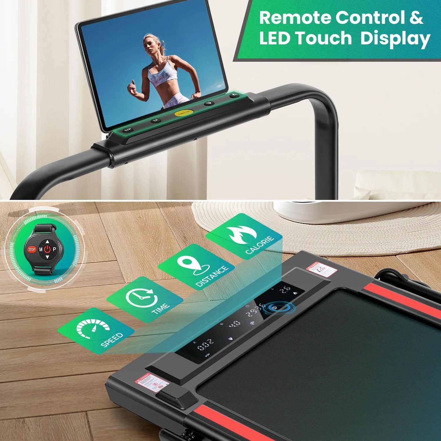 2 in 1 Walking Pad Treadmill with Incline, 2.5HP Under Desk Treadmill with Handle Remote Control & LED Touch Screen for Home Office Workout, 300 lb Weight Capacity Black & Green
