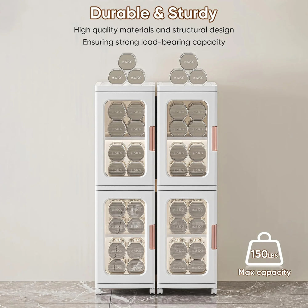 Slim Kitchen Pantry Storage Cabinet with Doors and Shelves, 3 - Tiers Plastic Narrow Storage Organizer Collapsible