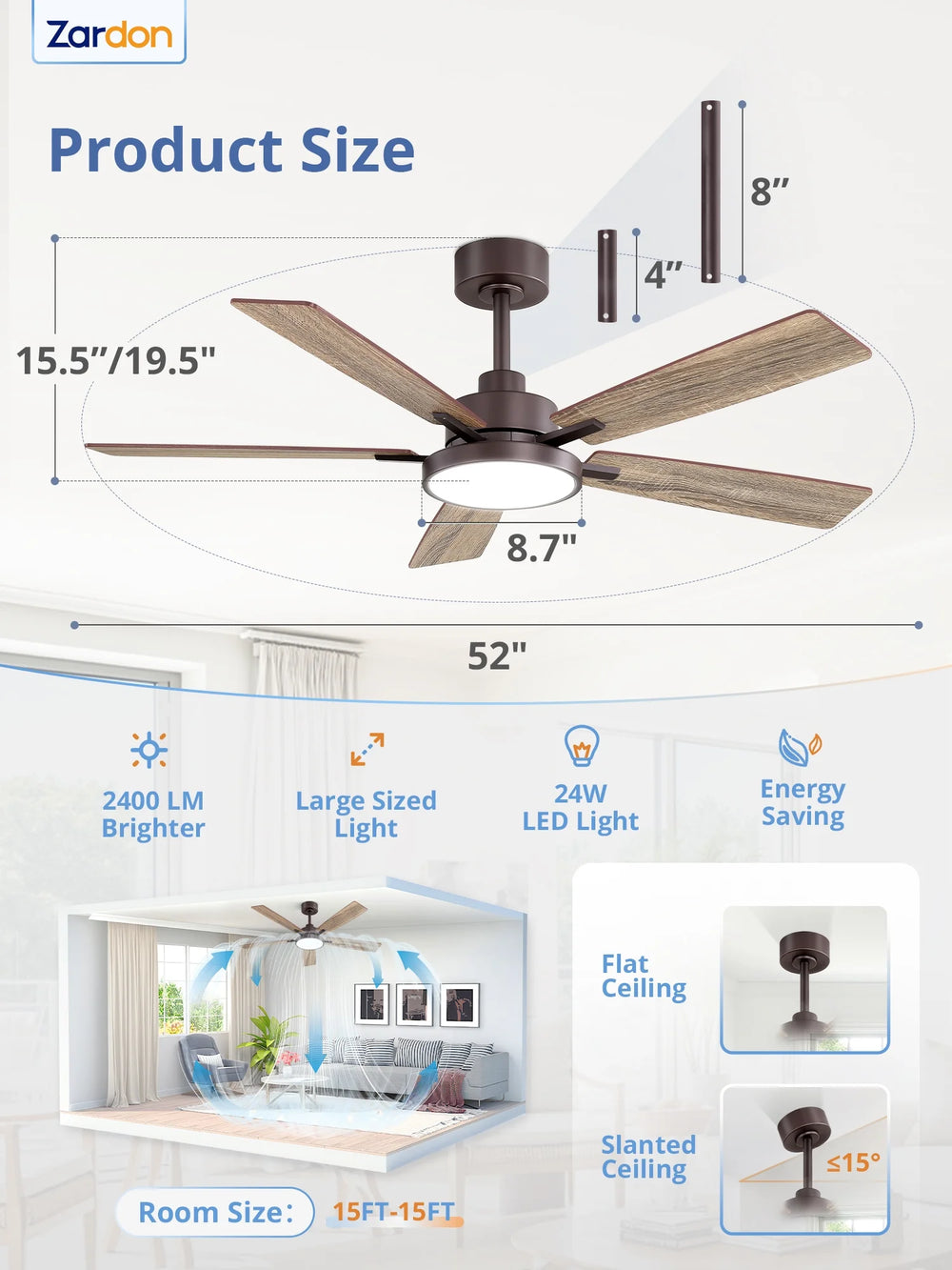 Zardon 52 in Black Ceiling Fan with LED Light and Remote, Downrod 6-Speed and Quiet Reversible DC Motor for Bedroom, Living Room, Indoor