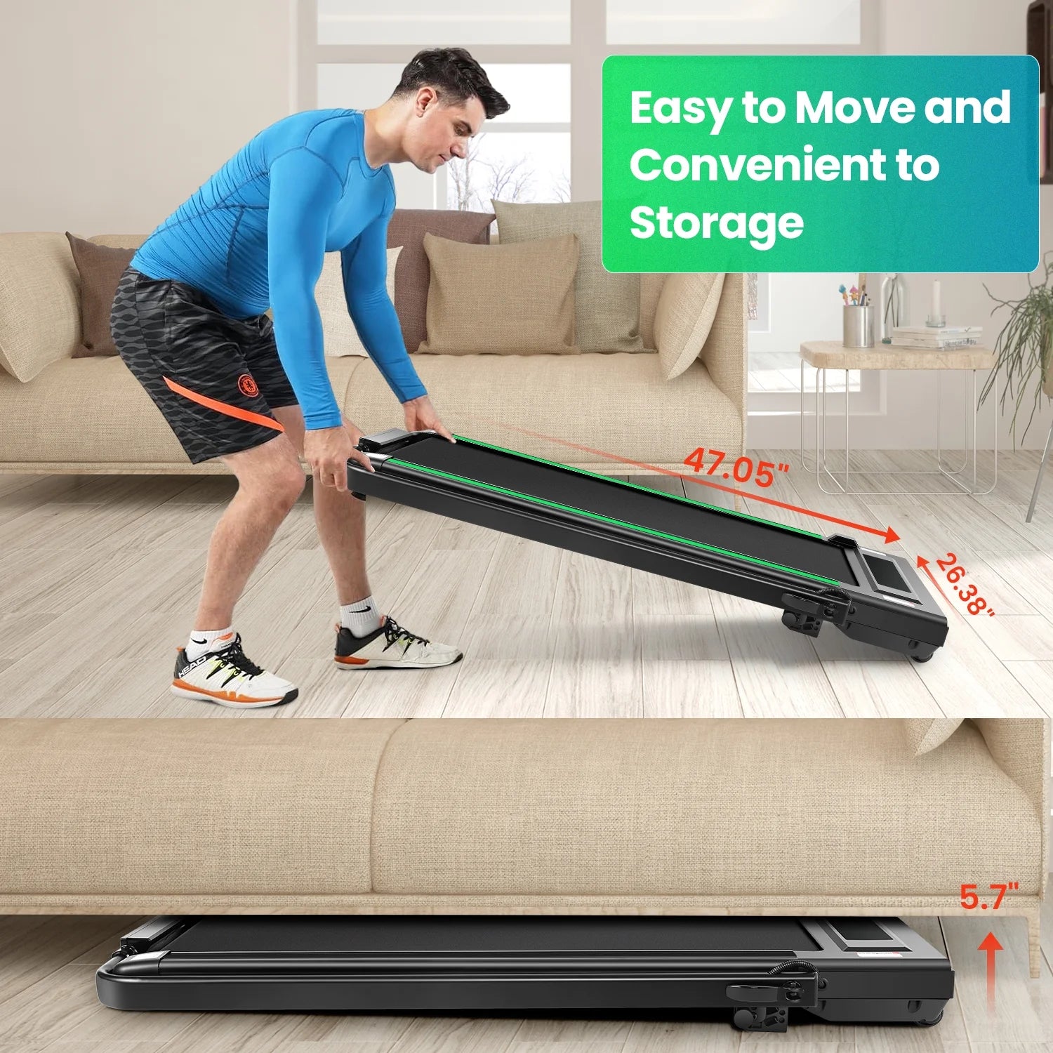 2 in 1 Walking Pad Treadmill with Incline, 2.5HP Under Desk Treadmill with Handle Remote Control & LED Touch Screen for Home Office Workout, 300 lb Weight Capacity Black & Green