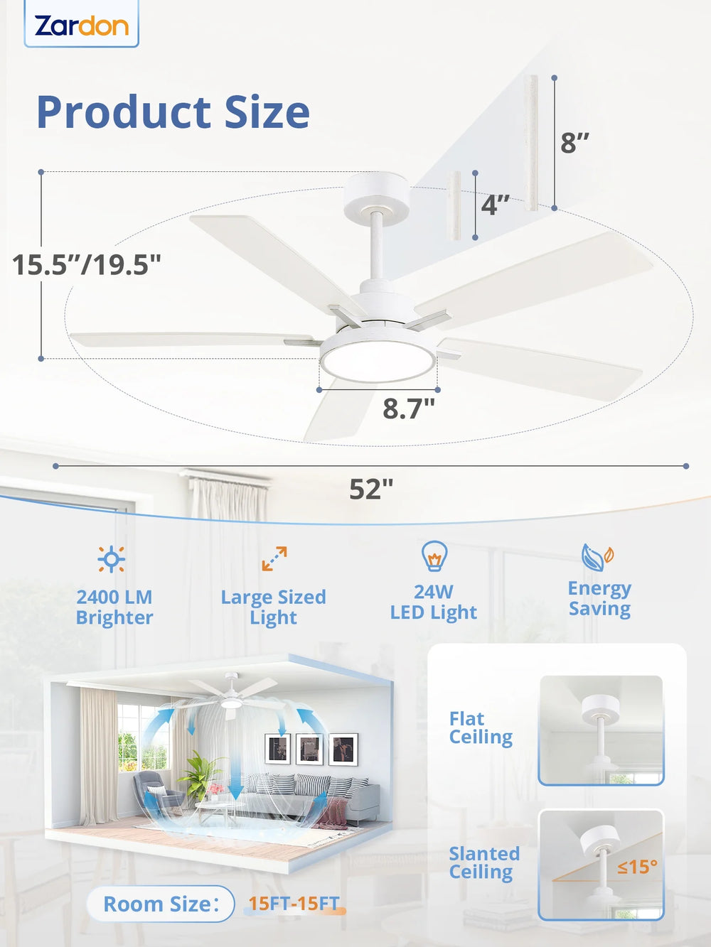 Zardon 52 in Black Ceiling Fan with LED Light and Remote, Downrod 6-Speed and Quiet Reversible DC Motor for Bedroom, Living Room, Indoor