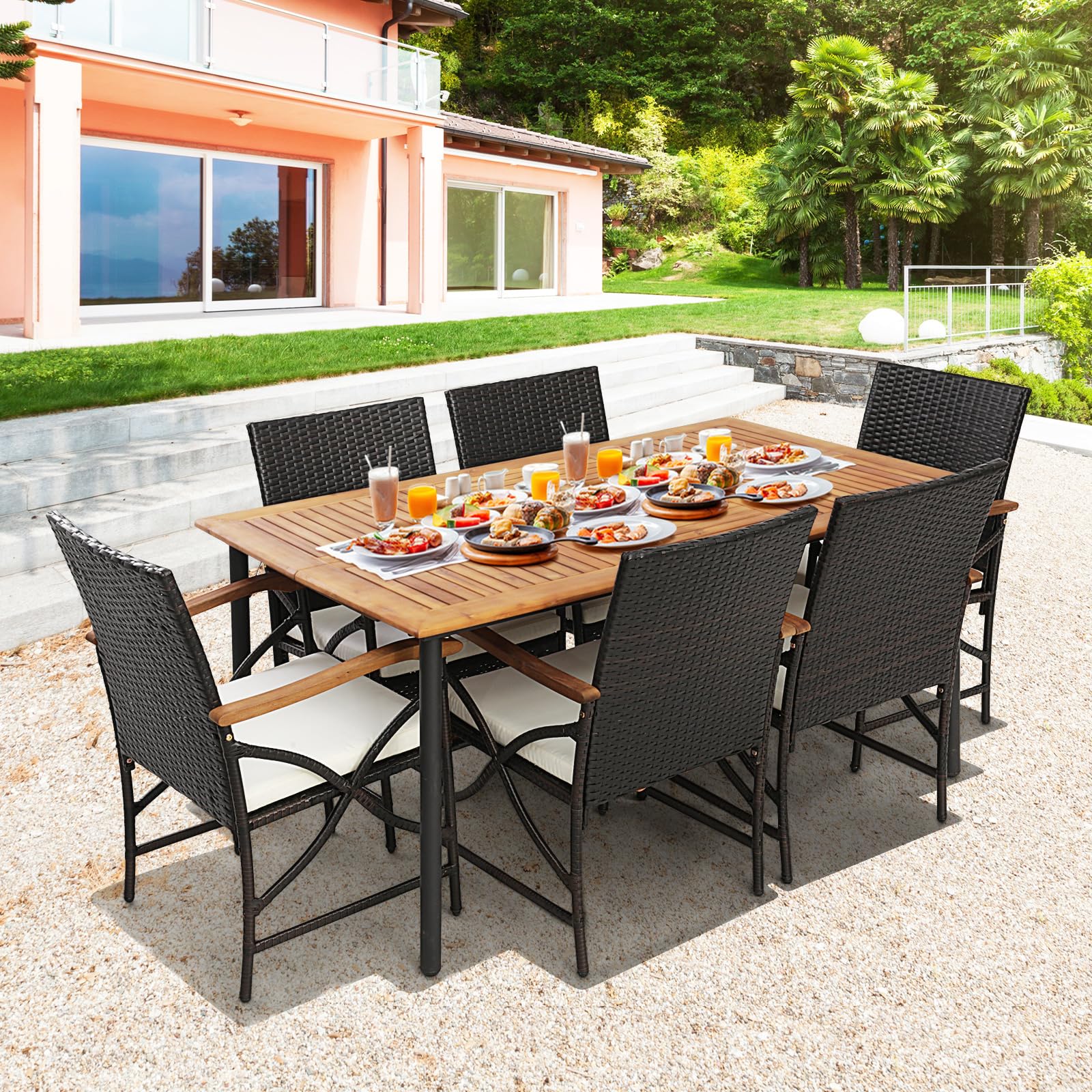 Tangkula 5 Pieces Outdoor Dining Set with Acacia Wood Table & 4 Wicker Rattan Armrest Chairs