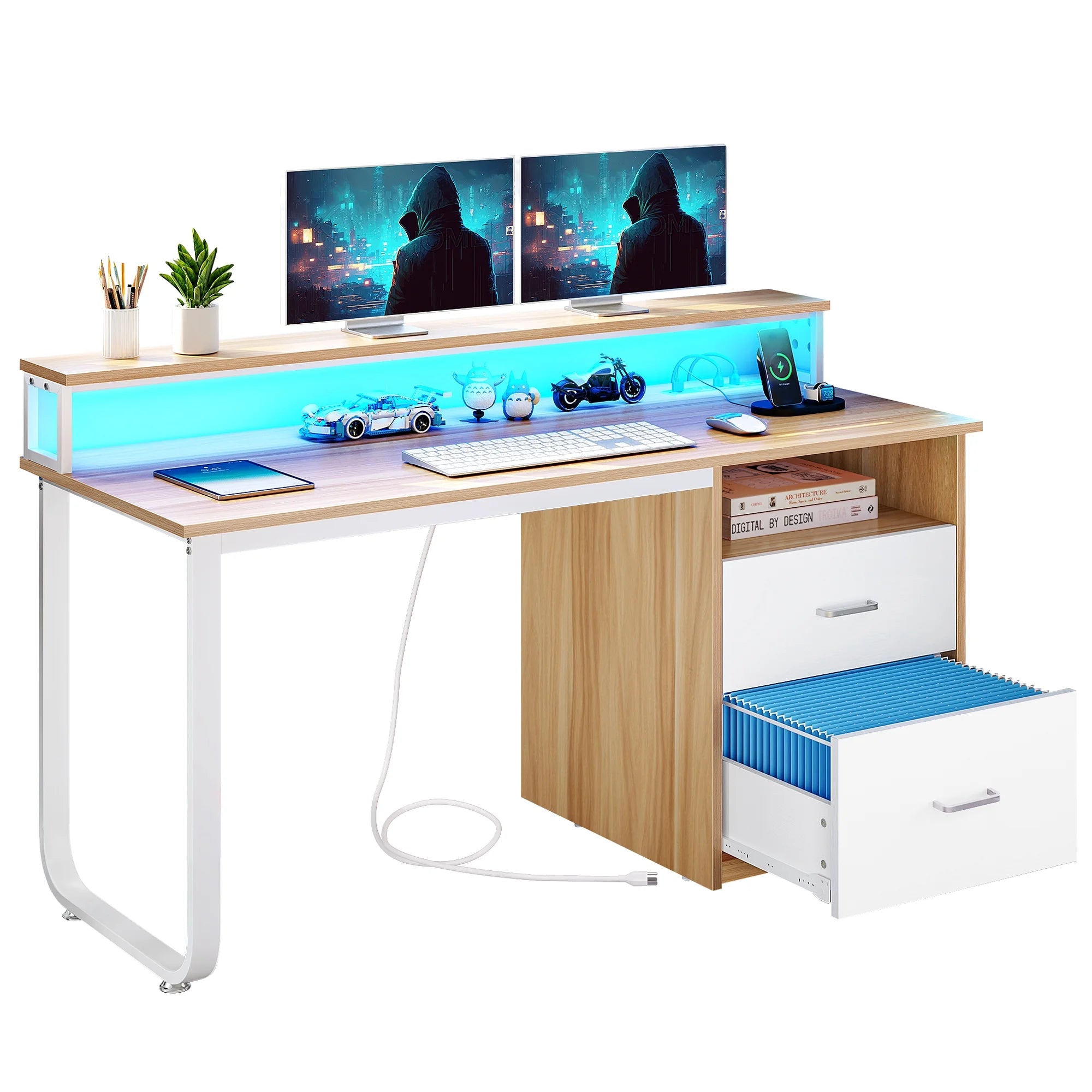 Dextrus 47 in Computer Desk with Storage Drawers & LED Light, Office Desk with Monitor Stand & Power Outlets, Work Study PC Desk for Small Spaces, Home Office, Oak